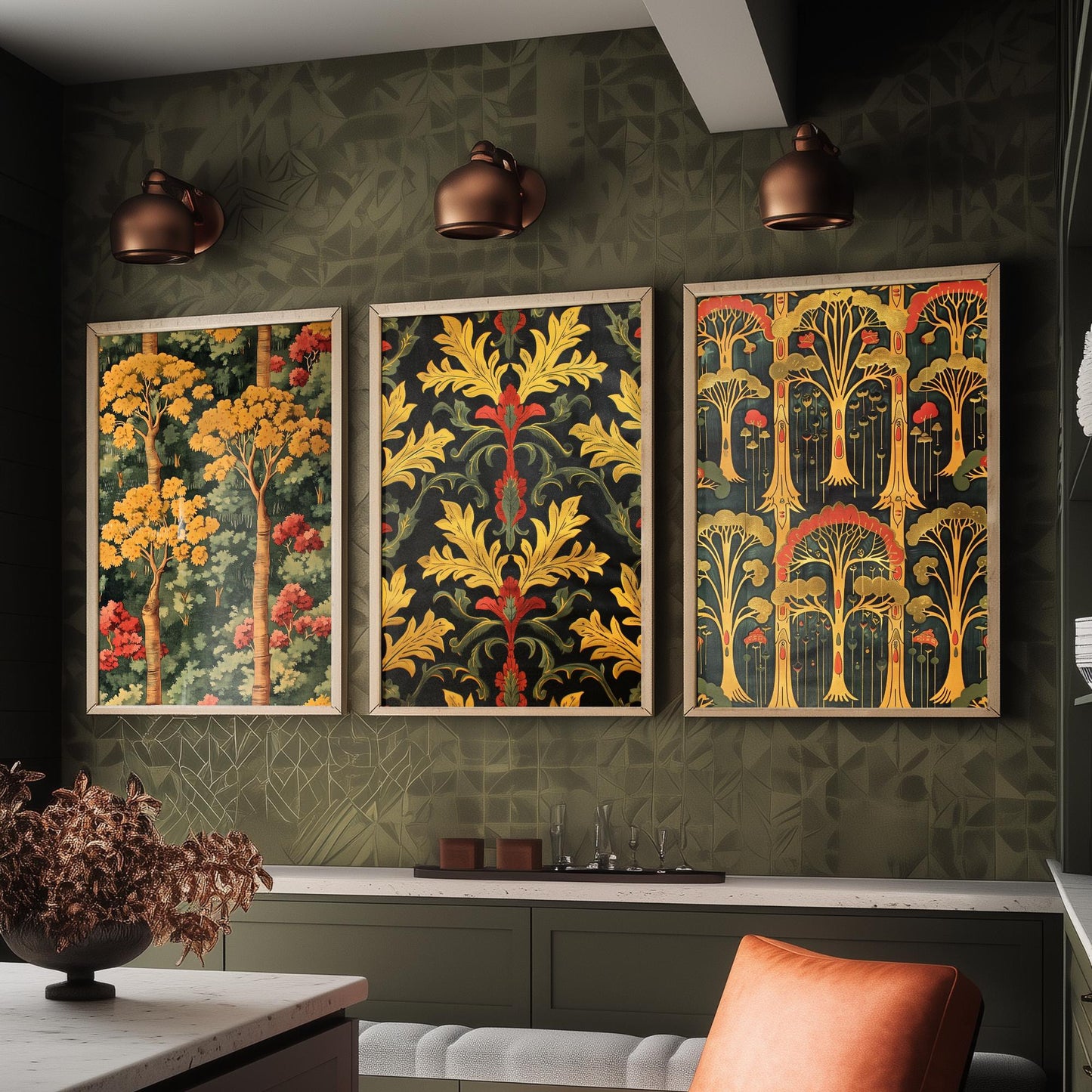 Scottish Book of the Woodlands Art Prints - Set of Three Gold and Green Forest Posters - Tree Toadstool Illustration V2