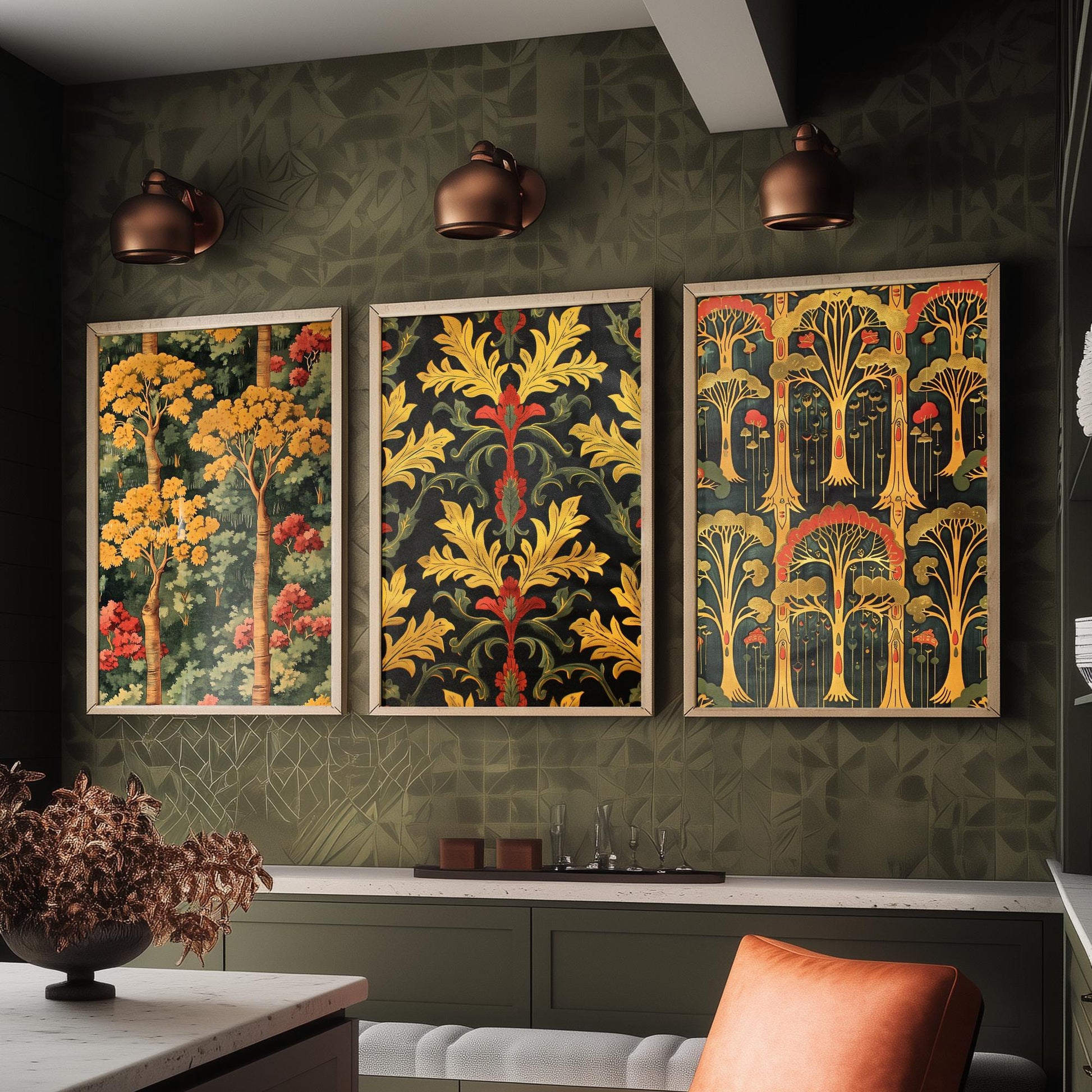 Scottish Book of the Woodlands Art Prints - Set of Three Gold and Green Forest Posters - Tree Toadstool Illustration V2
