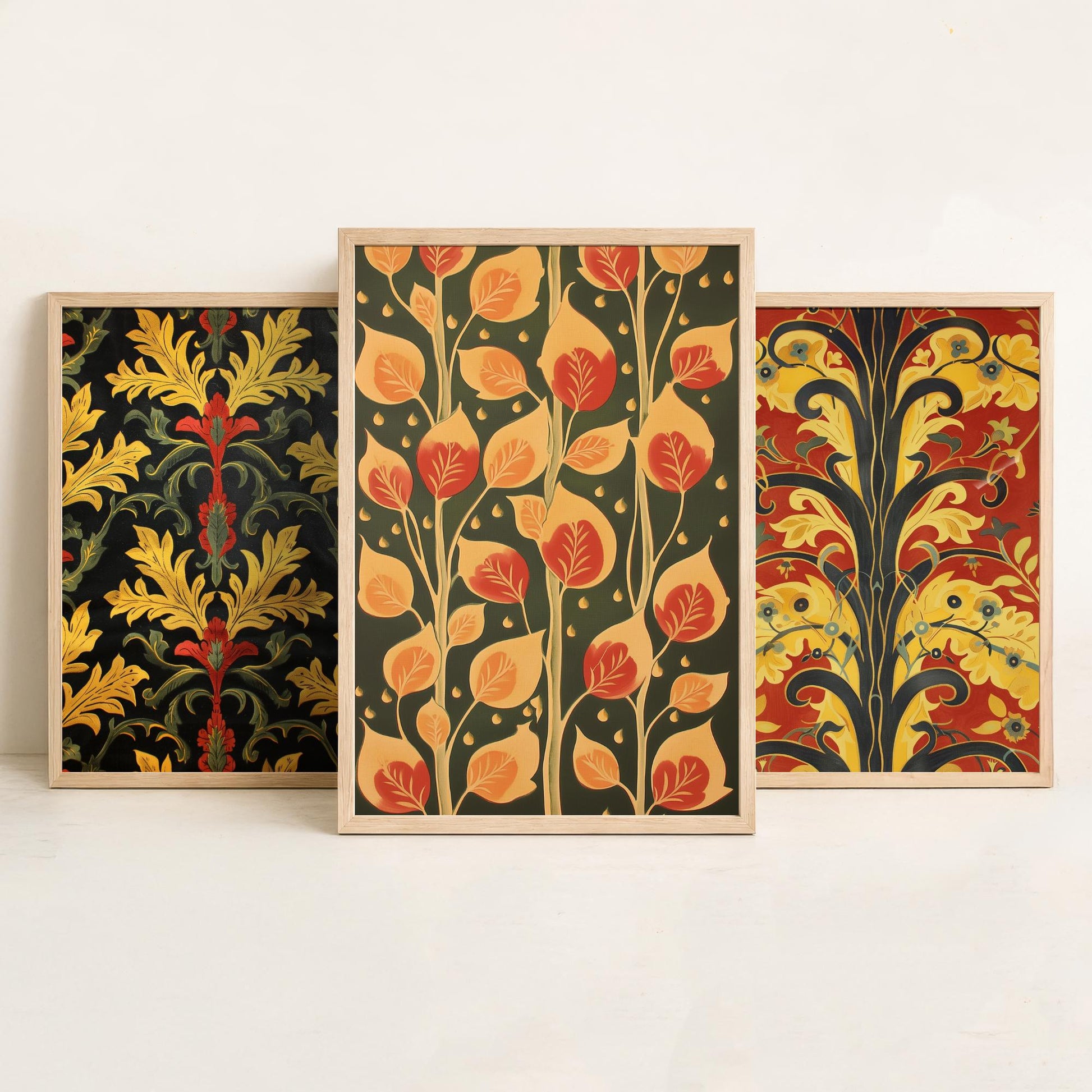 Scottish Book of the Woodlands Art Prints - Set of Three Red and Gold Forest Posters - Leaf Berry Vine Illustration V3
