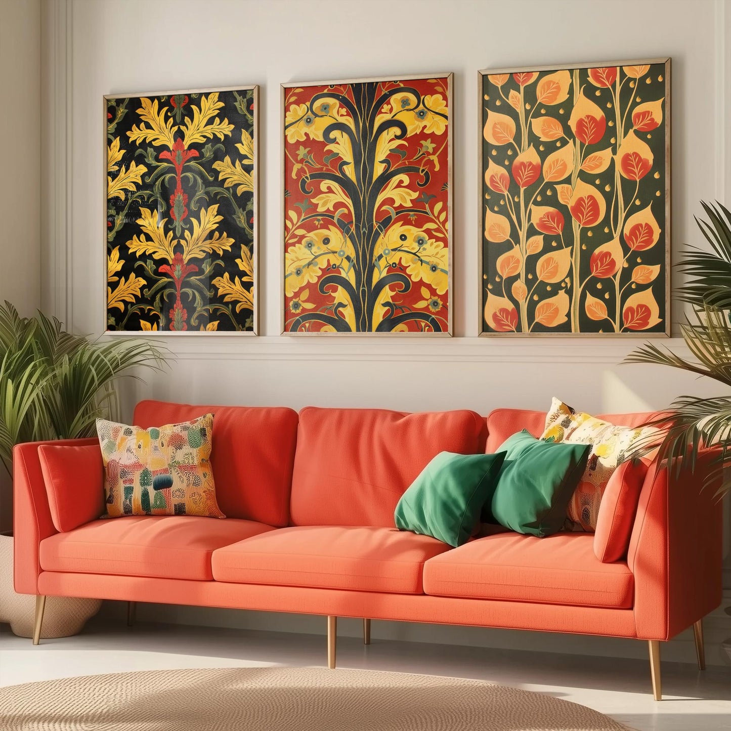 Scottish Book of the Woodlands Art Prints - Set of Three Red and Gold Forest Posters - Leaf Berry Vine Illustration V3