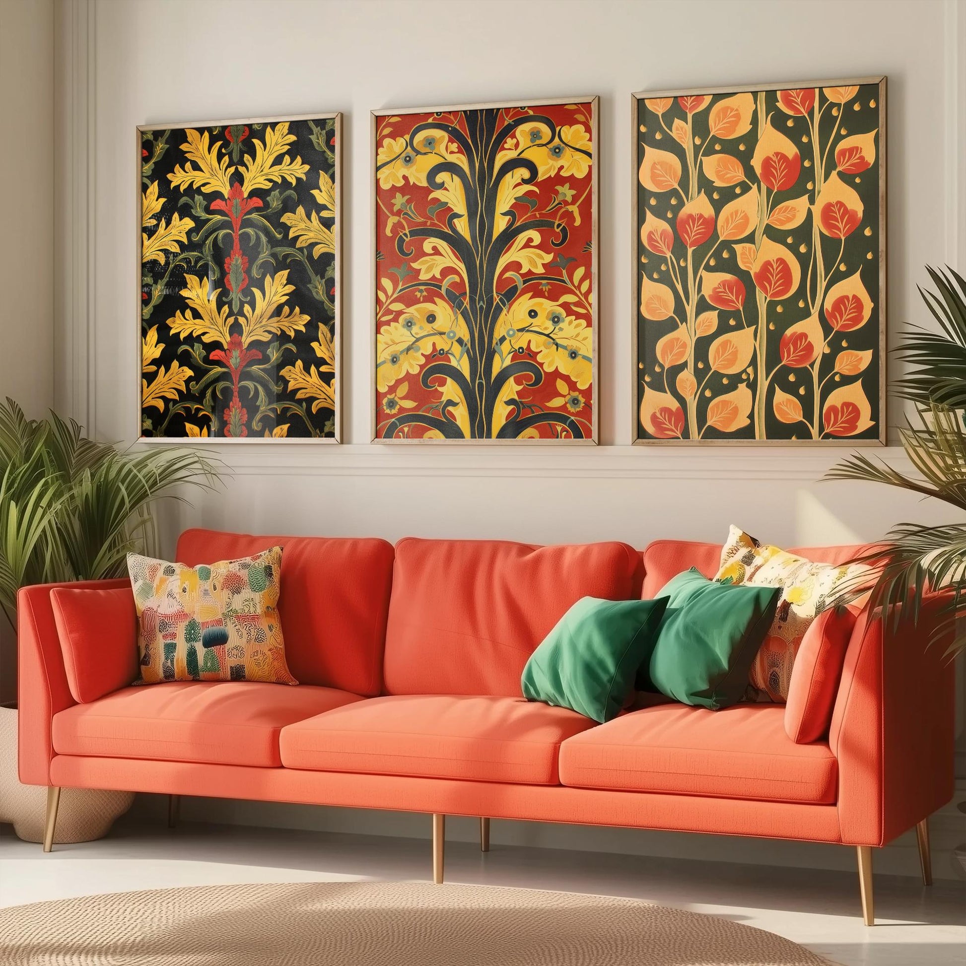 Scottish Book of the Woodlands Art Prints - Set of Three Red and Gold Forest Posters - Leaf Berry Vine Illustration V3