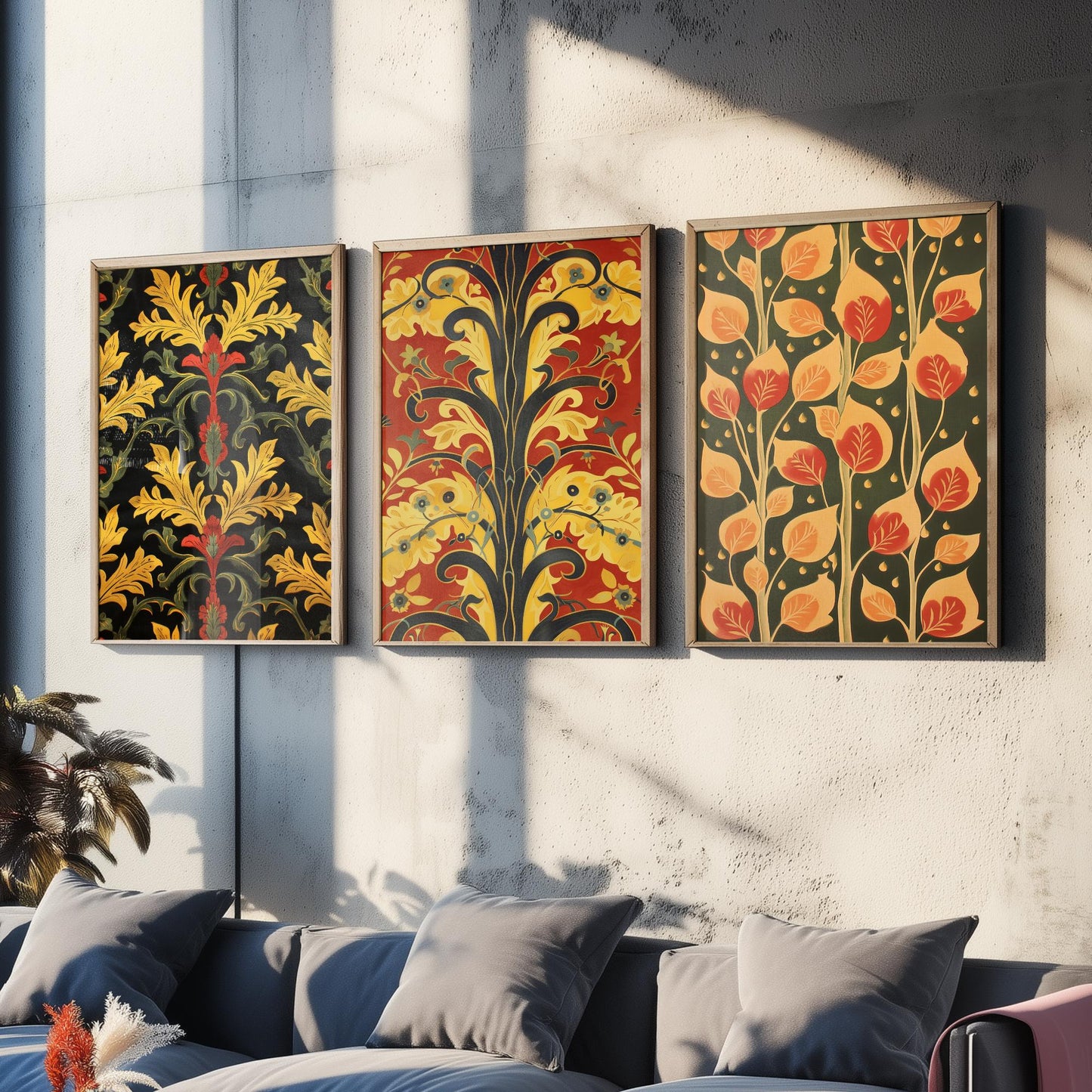 Scottish Book of the Woodlands Art Prints - Set of Three Red and Gold Forest Posters - Leaf Berry Vine Illustration V3