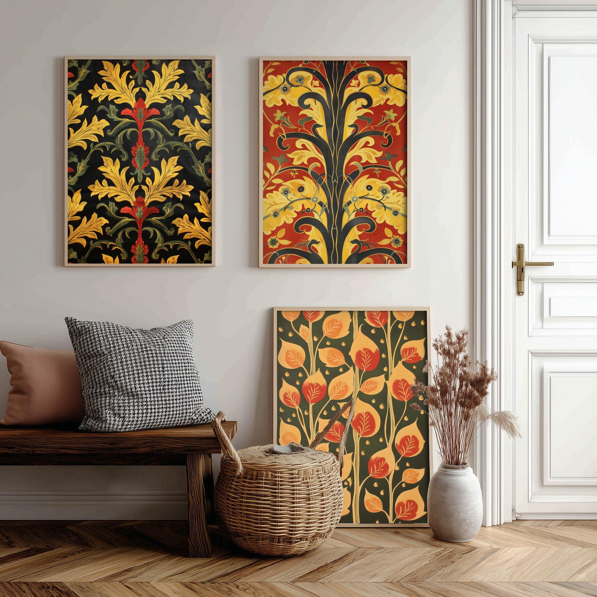 Scottish Book of the Woodlands Art Prints - Set of Three Red and Gold Forest Posters - Leaf Berry Vine Illustration V3