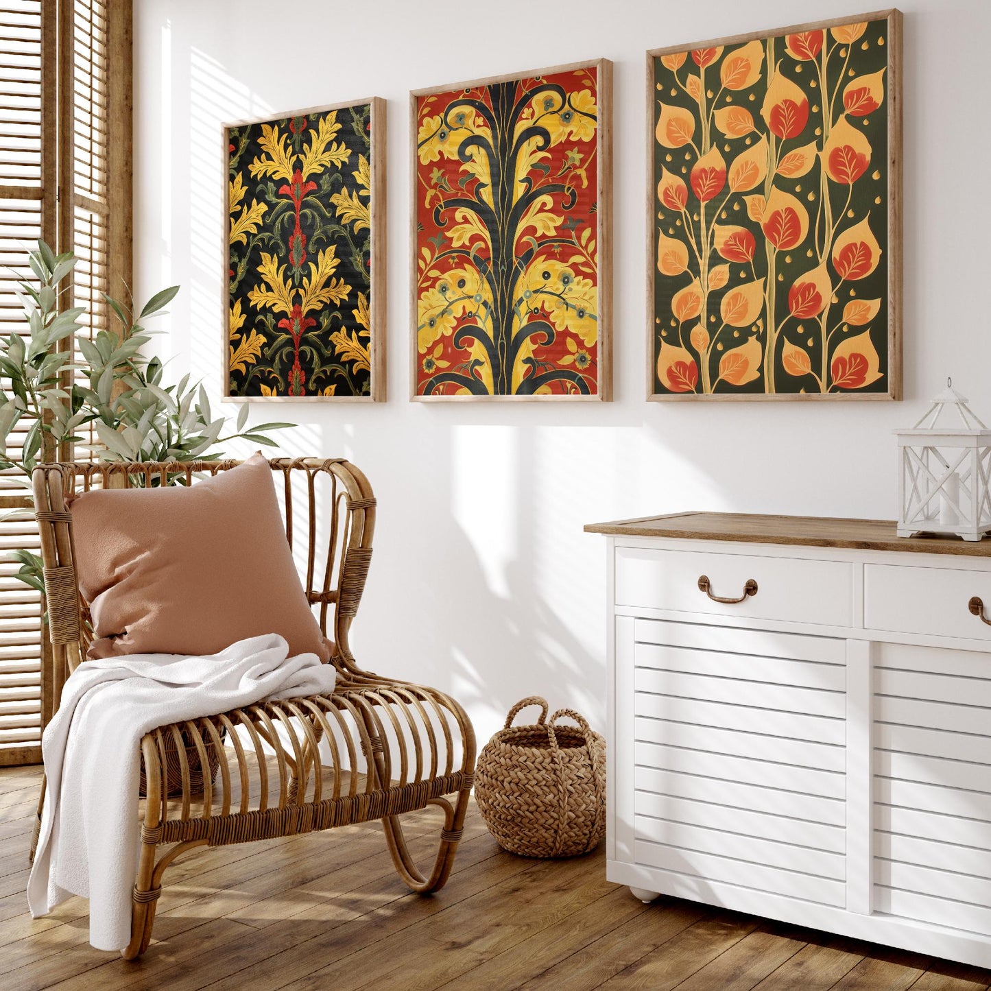Scottish Book of the Woodlands Art Prints - Set of Three Red and Gold Forest Posters - Leaf Berry Vine Illustration V3