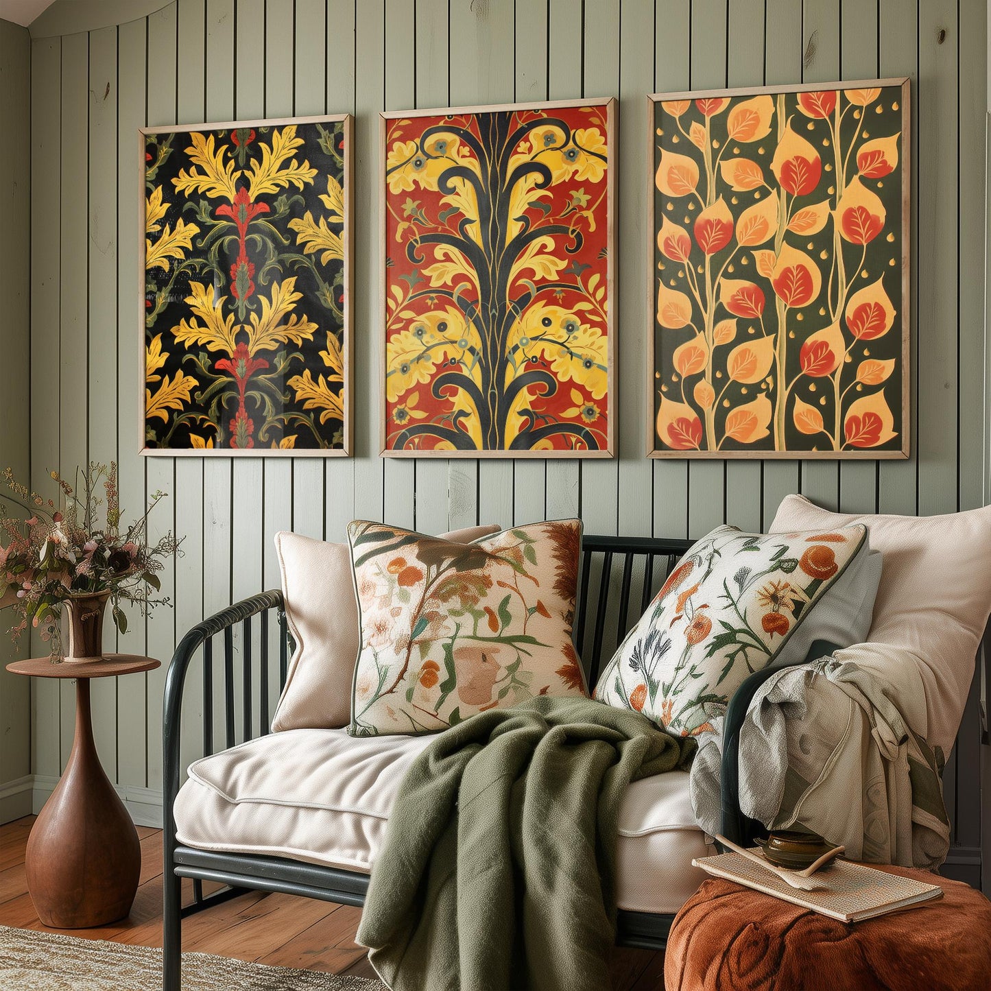 Scottish Book of the Woodlands Art Prints - Set of Three Red and Gold Forest Posters - Leaf Berry Vine Illustration V3