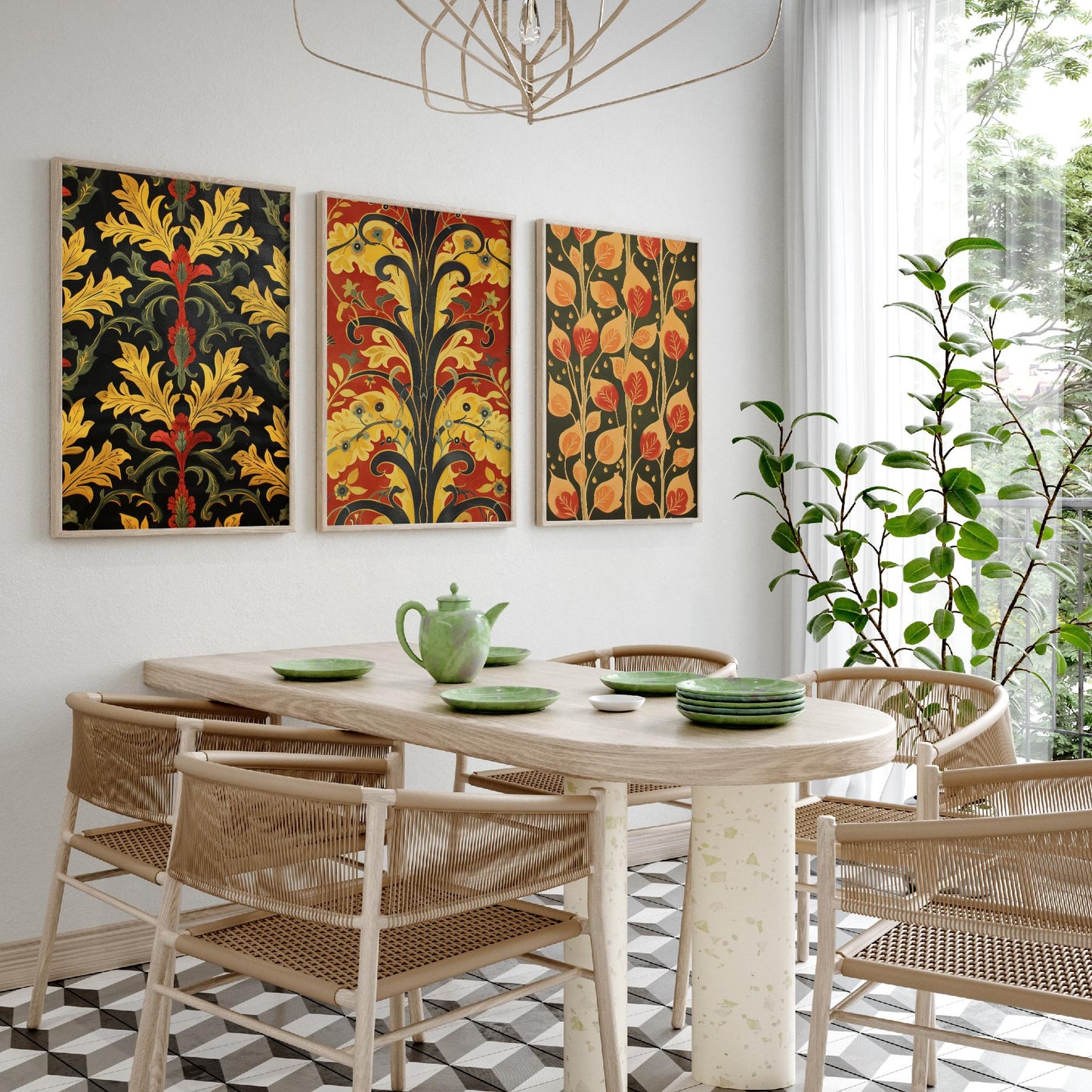 Scottish Book of the Woodlands Art Prints - Set of Three Red and Gold Forest Posters - Leaf Berry Vine Illustration V3