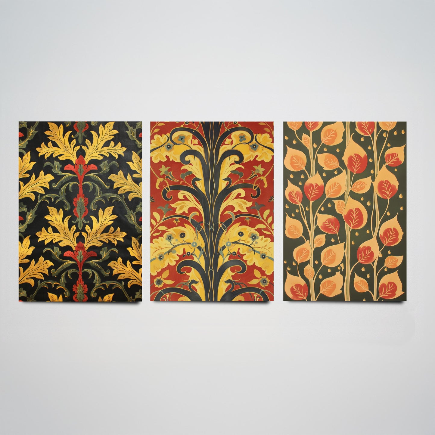 Scottish Book of the Woodlands Art Prints - Set of Three Red and Gold Forest Posters - Leaf Berry Vine Illustration V3