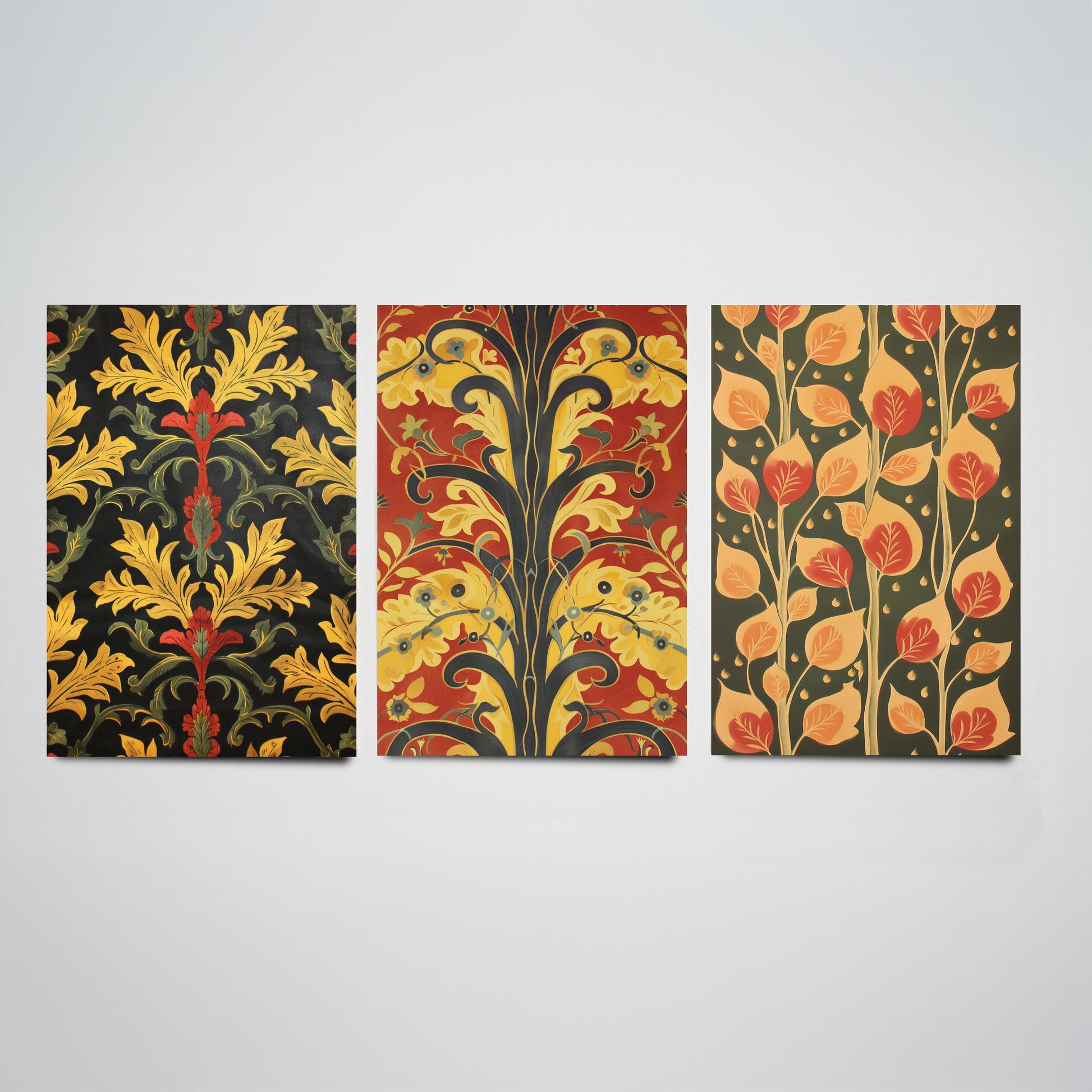 Scottish Book of the Woodlands Art Prints - Set of Three Red and Gold Forest Posters - Leaf Berry Vine Illustration V3