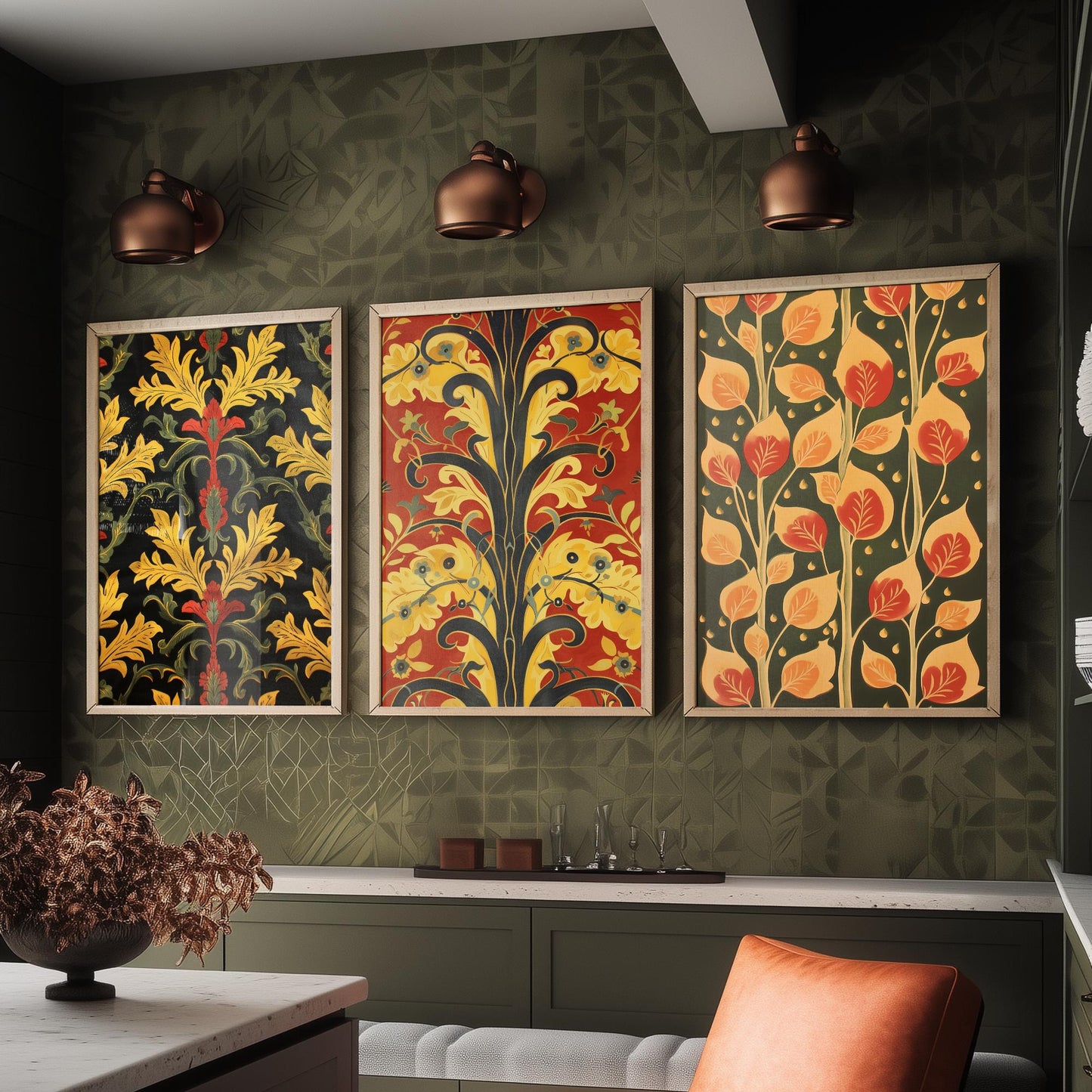 Scottish Book of the Woodlands Art Prints - Set of Three Red and Gold Forest Posters - Leaf Berry Vine Illustration V3