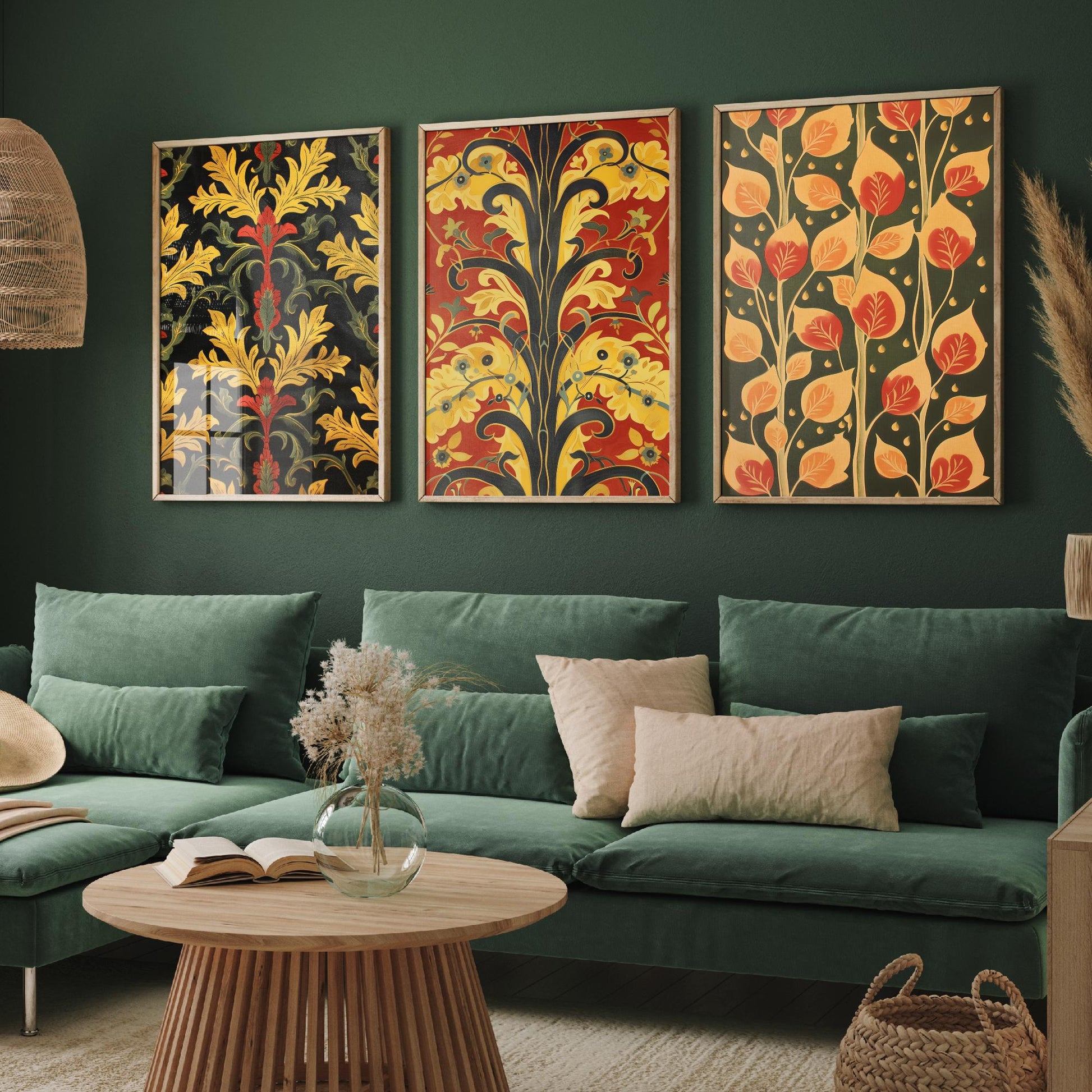 Scottish Book of the Woodlands Art Prints - Set of Three Red and Gold Forest Posters - Leaf Berry Vine Illustration V3