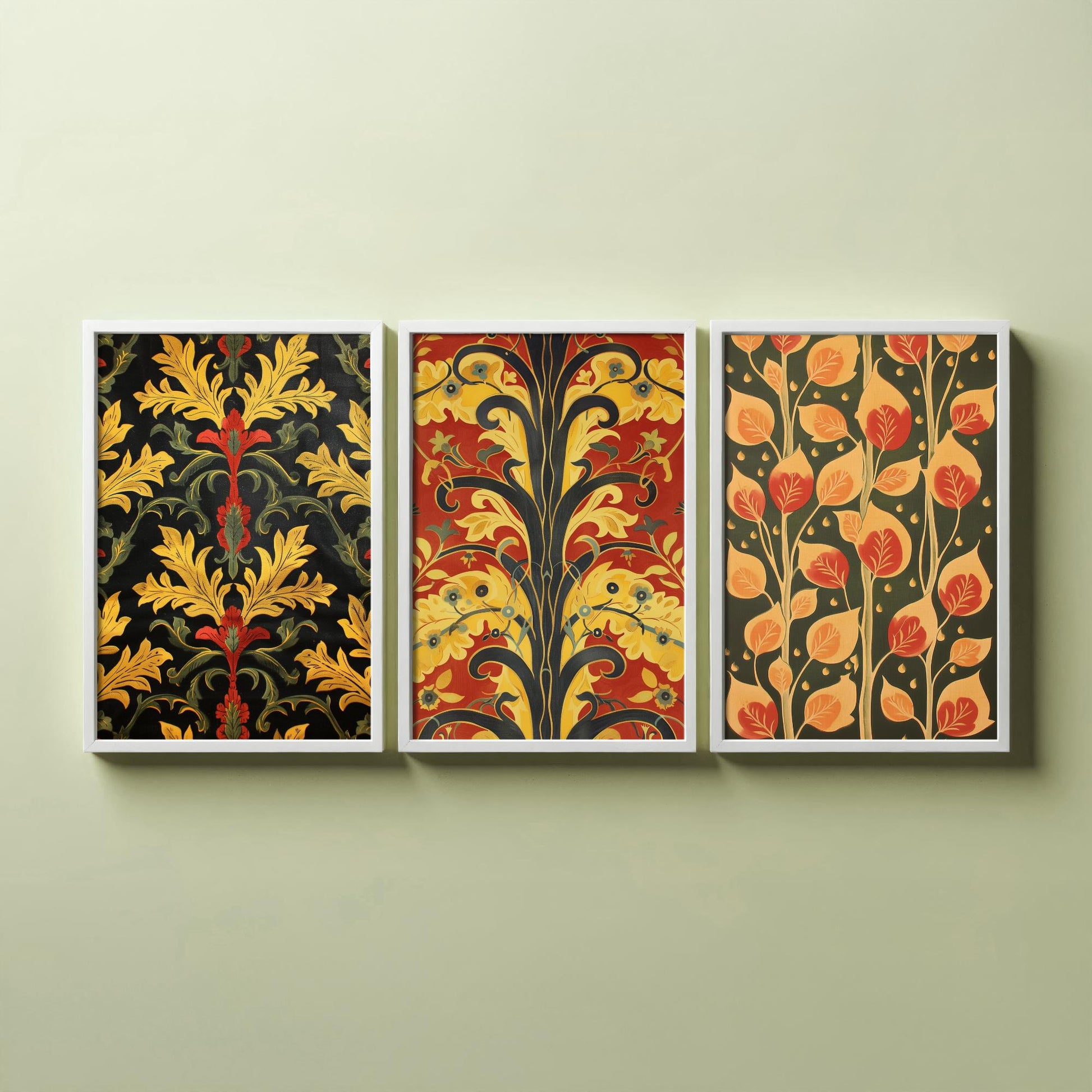 Scottish Book of the Woodlands Art Prints - Set of Three Red and Gold Forest Posters - Leaf Berry Vine Illustration V3