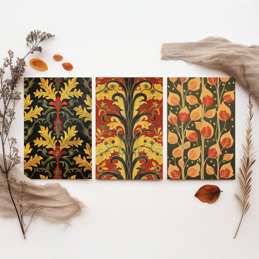 Scottish Book of the Woodlands Art Prints - Set of Three Red and Gold Forest Posters - Leaf Berry Vine Illustration V3