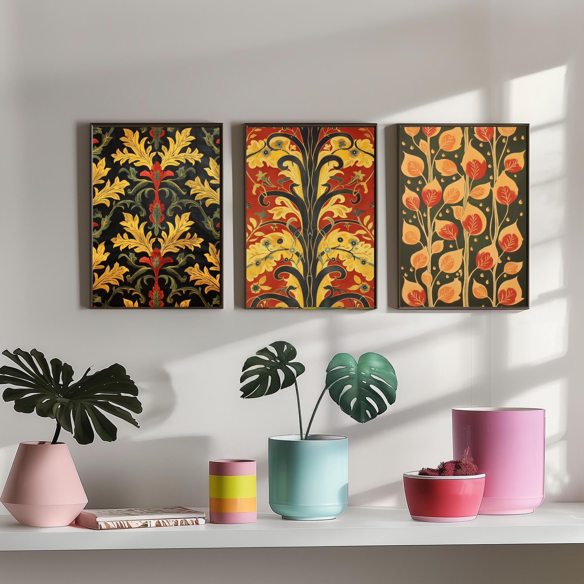 Scottish Book of the Woodlands Art Prints - Set of Three Red and Gold Forest Posters - Leaf Berry Vine Illustration V3