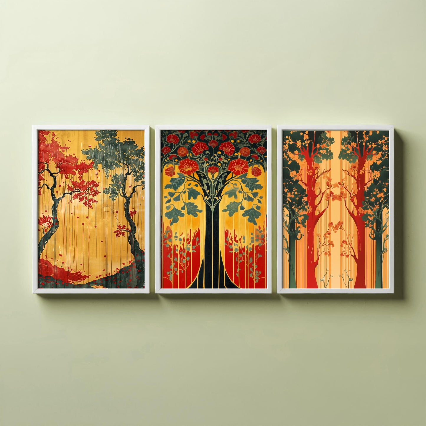 Scottish Book of the Woodlands Art Prints - Set of Three Green and Gold Forest Posters - Tree Poppy Blossom Illustration V4