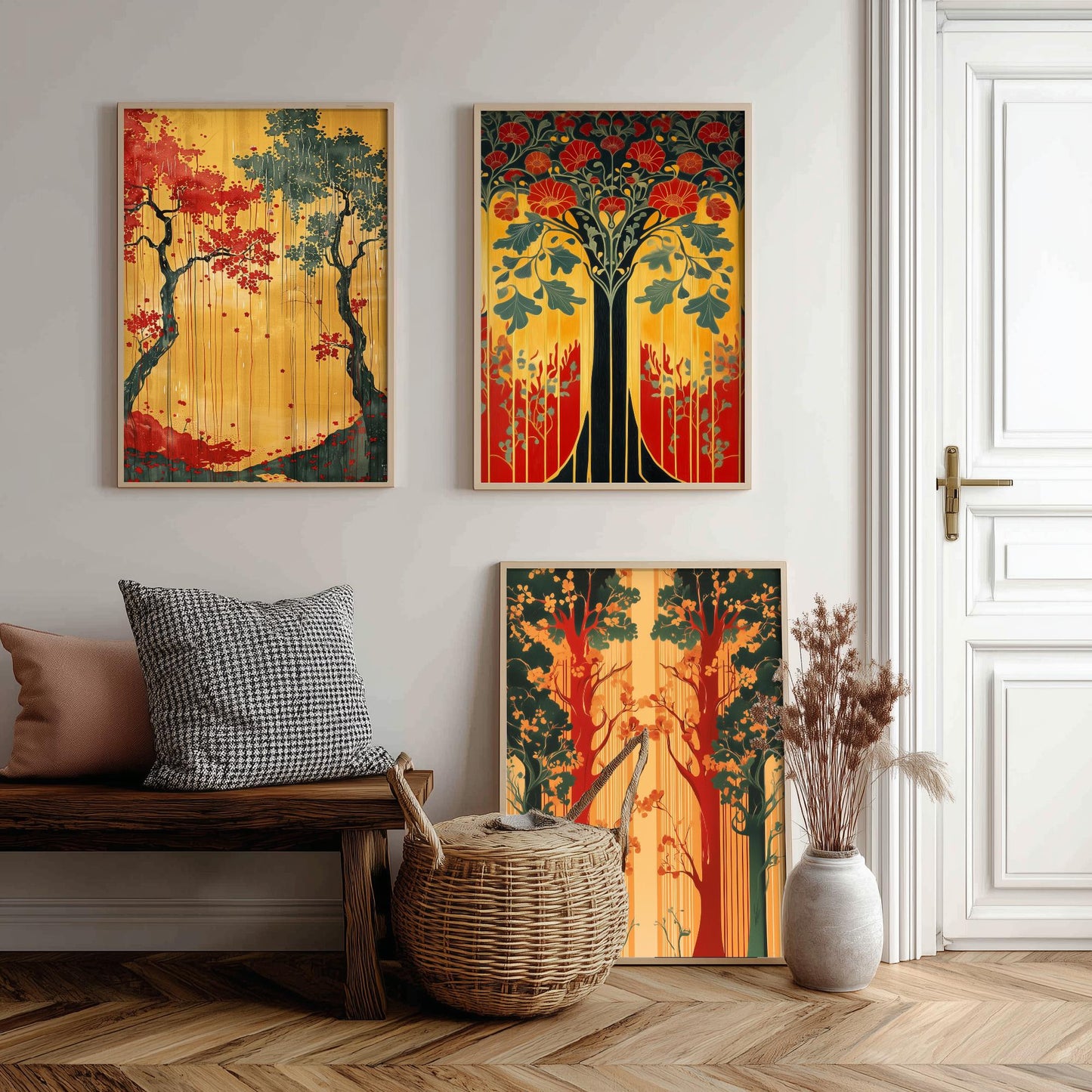 Scottish Book of the Woodlands Art Prints - Set of Three Green and Gold Forest Posters - Tree Poppy Blossom Illustration V4