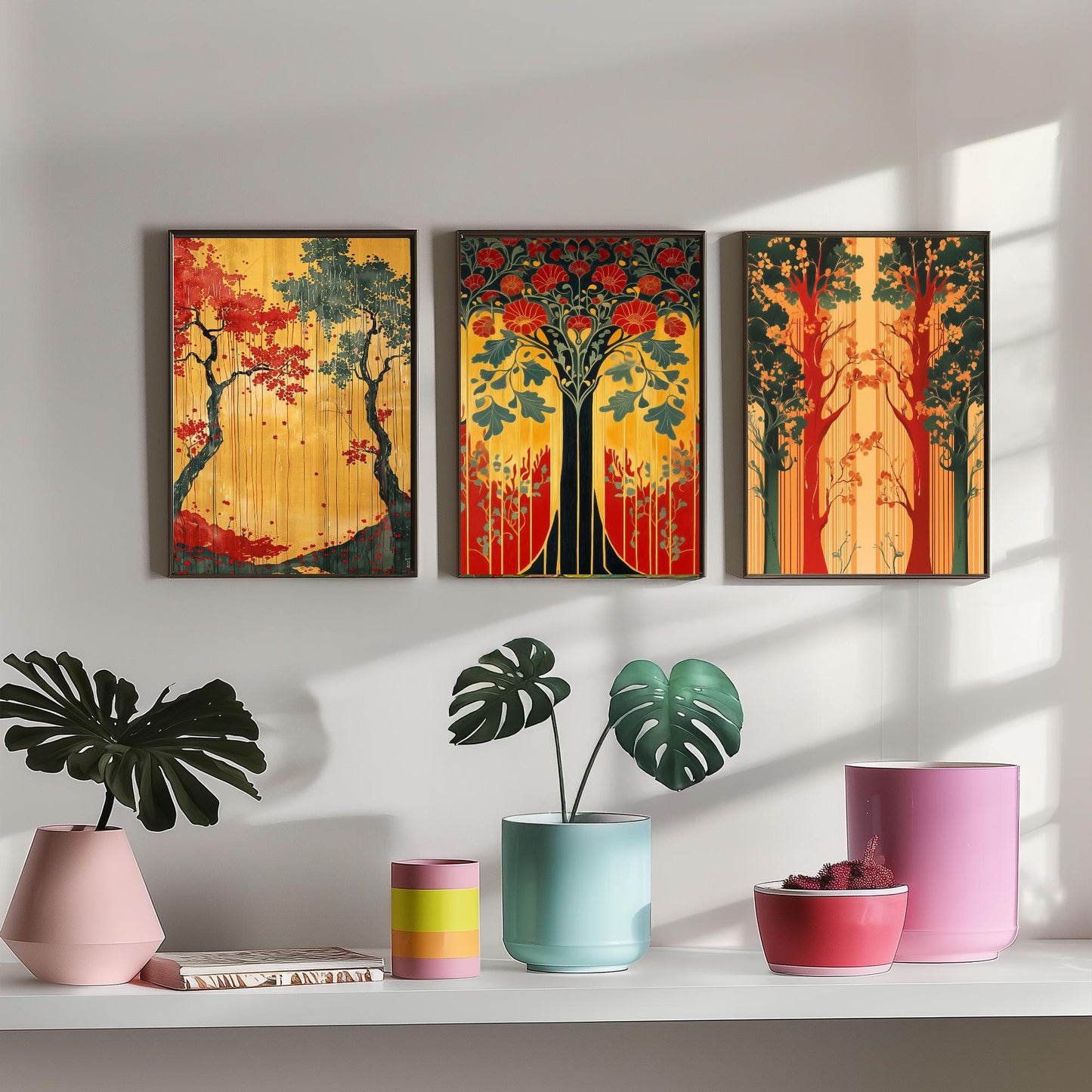 Scottish Book of the Woodlands Art Prints - Set of Three Green and Gold Forest Posters - Tree Poppy Blossom Illustration V4
