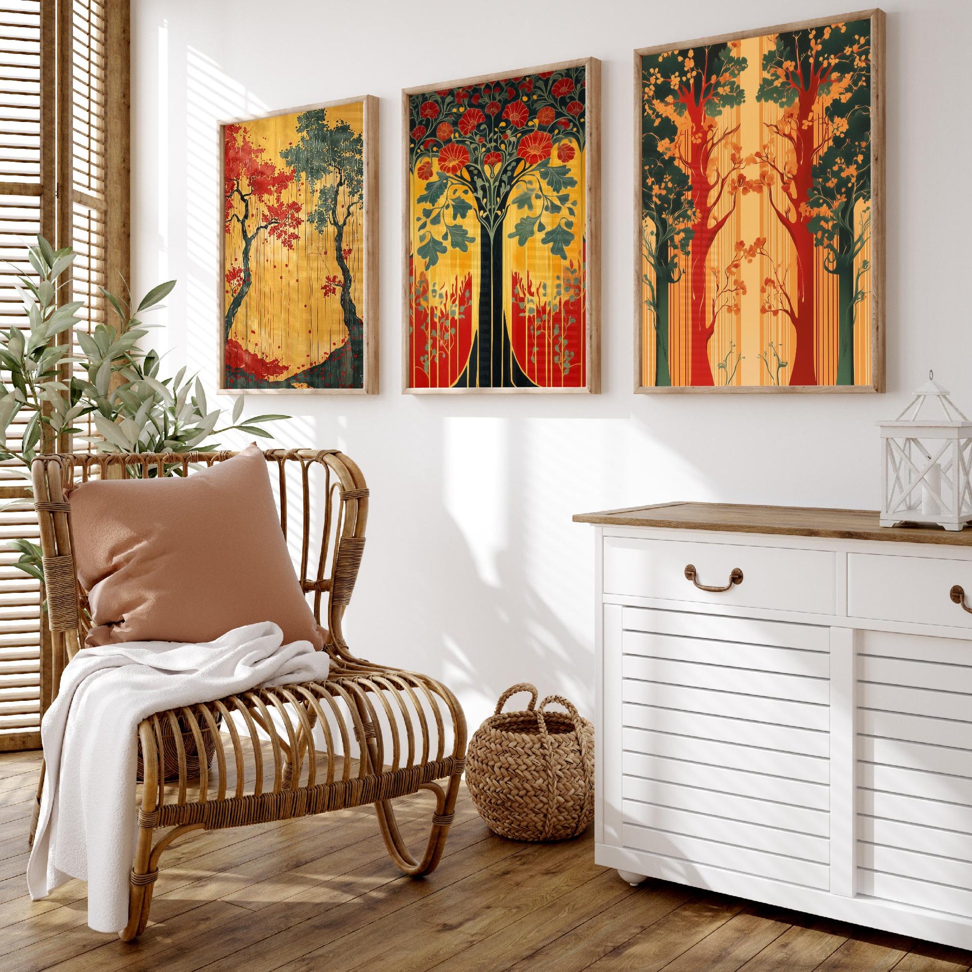 Scottish Book of the Woodlands Art Prints - Set of Three Green and Gold Forest Posters - Tree Poppy Blossom Illustration V4