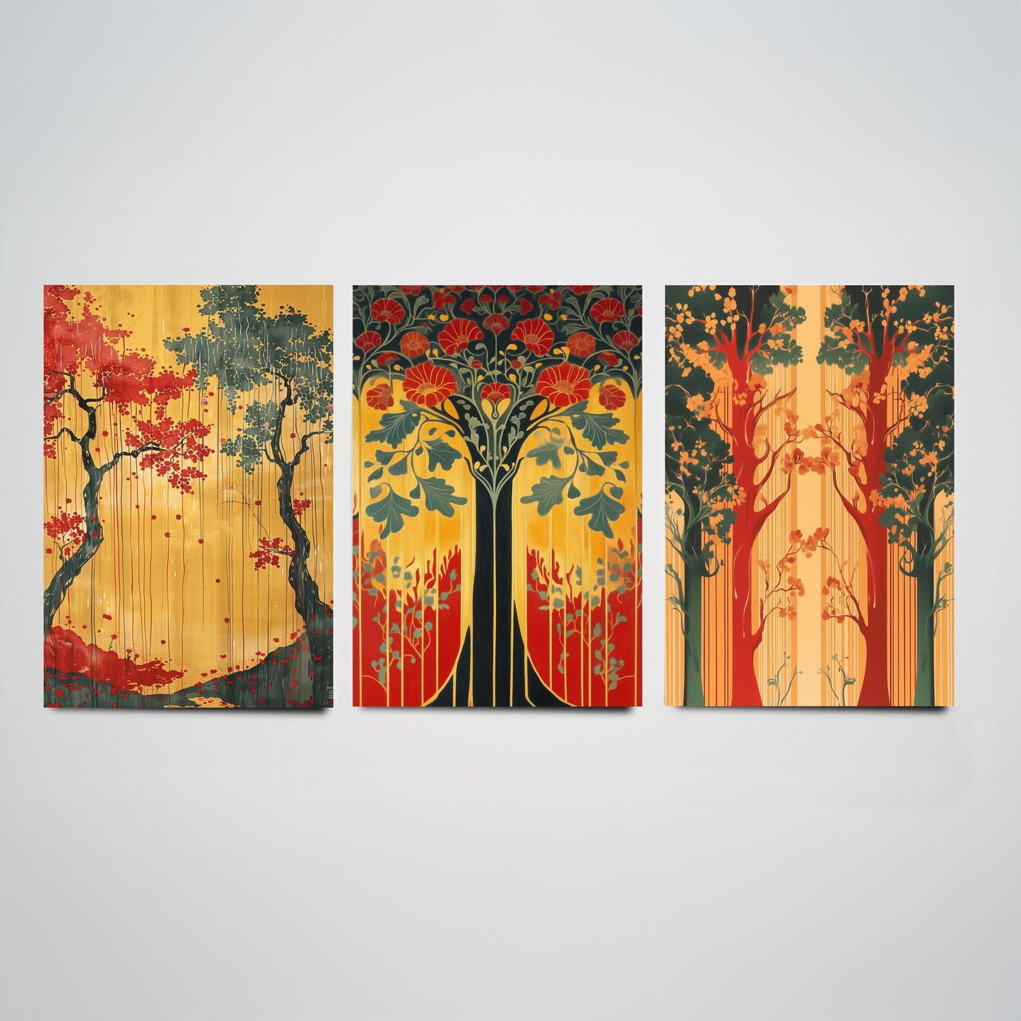 Scottish Book of the Woodlands Art Prints - Set of Three Green and Gold Forest Posters - Tree Poppy Blossom Illustration V4