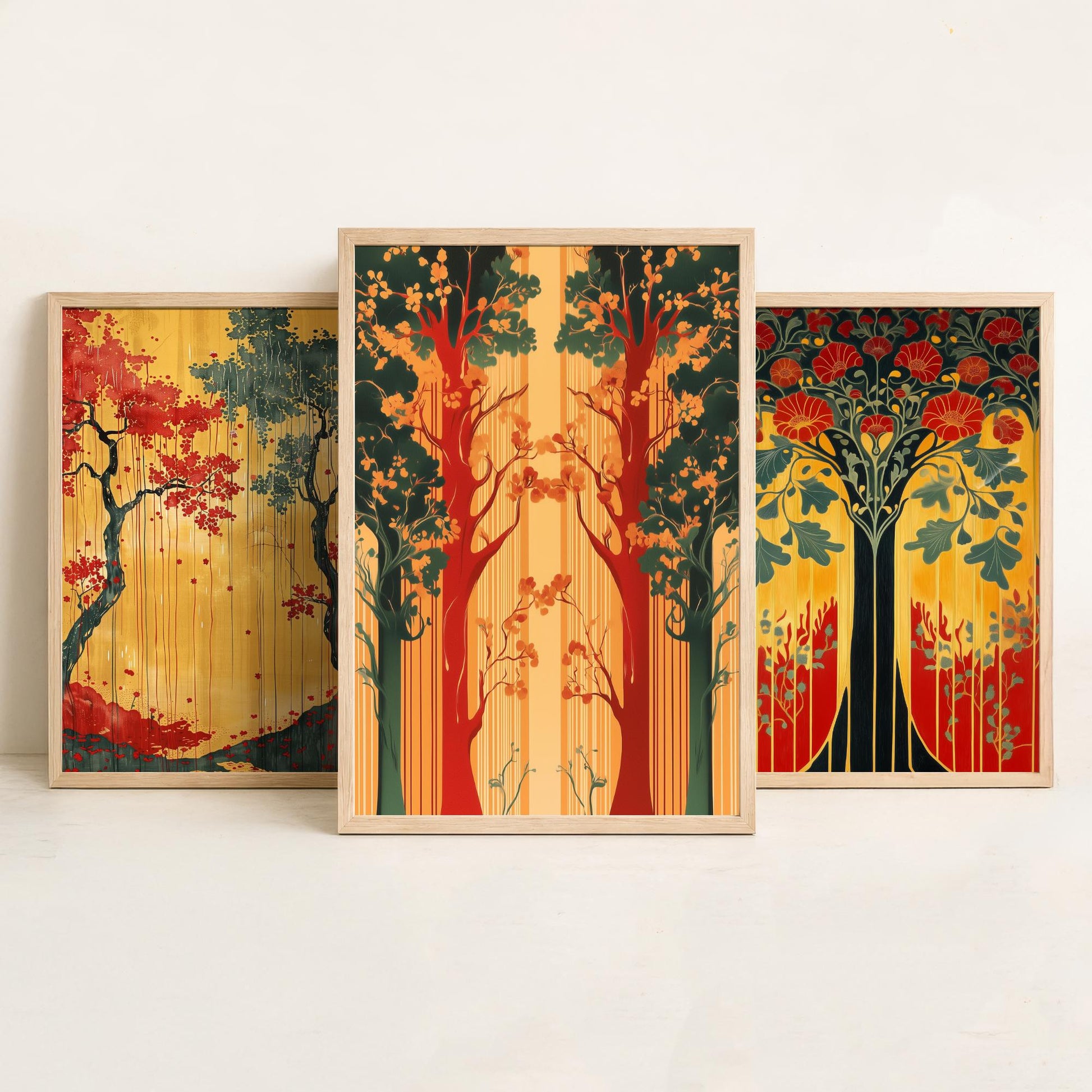 Scottish Book of the Woodlands Art Prints - Set of Three Green and Gold Forest Posters - Tree Poppy Blossom Illustration V4