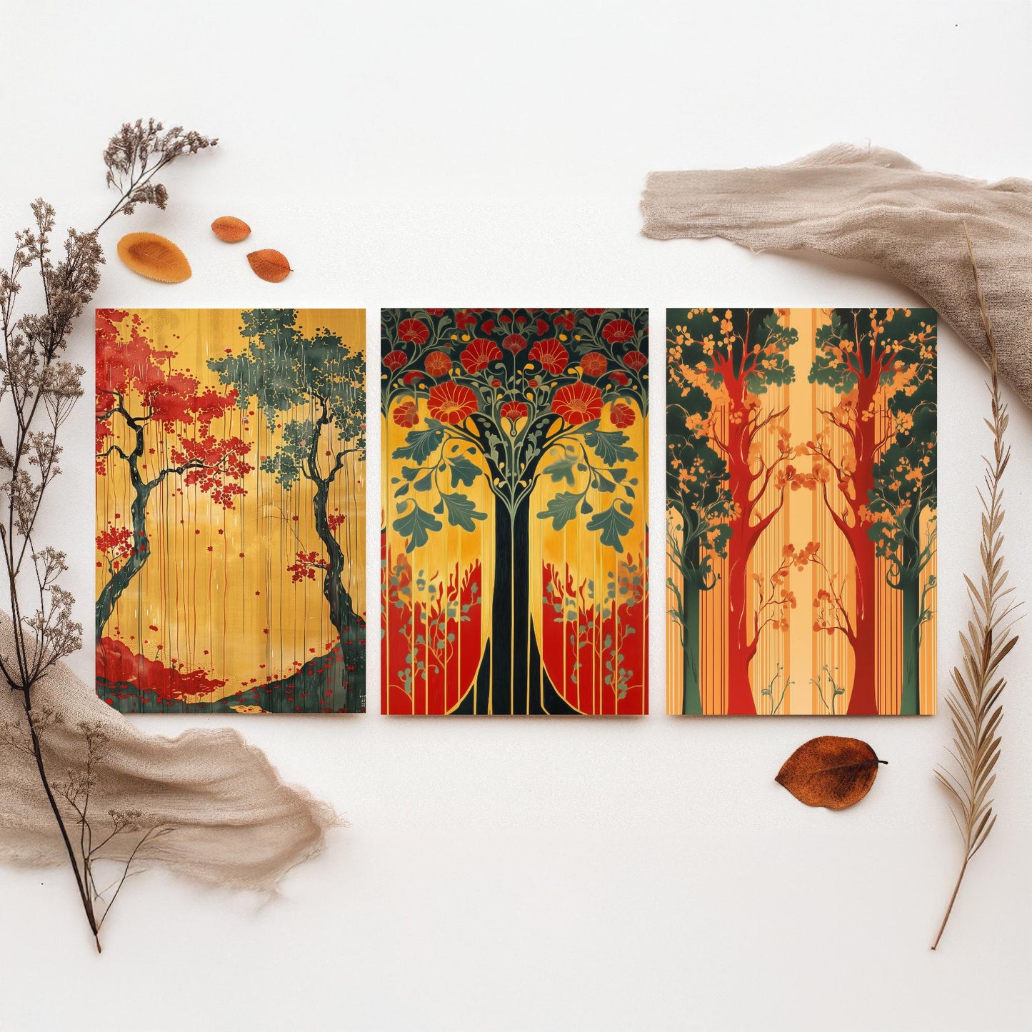 Scottish Book of the Woodlands Art Prints - Set of Three Green and Gold Forest Posters - Tree Poppy Blossom Illustration V4