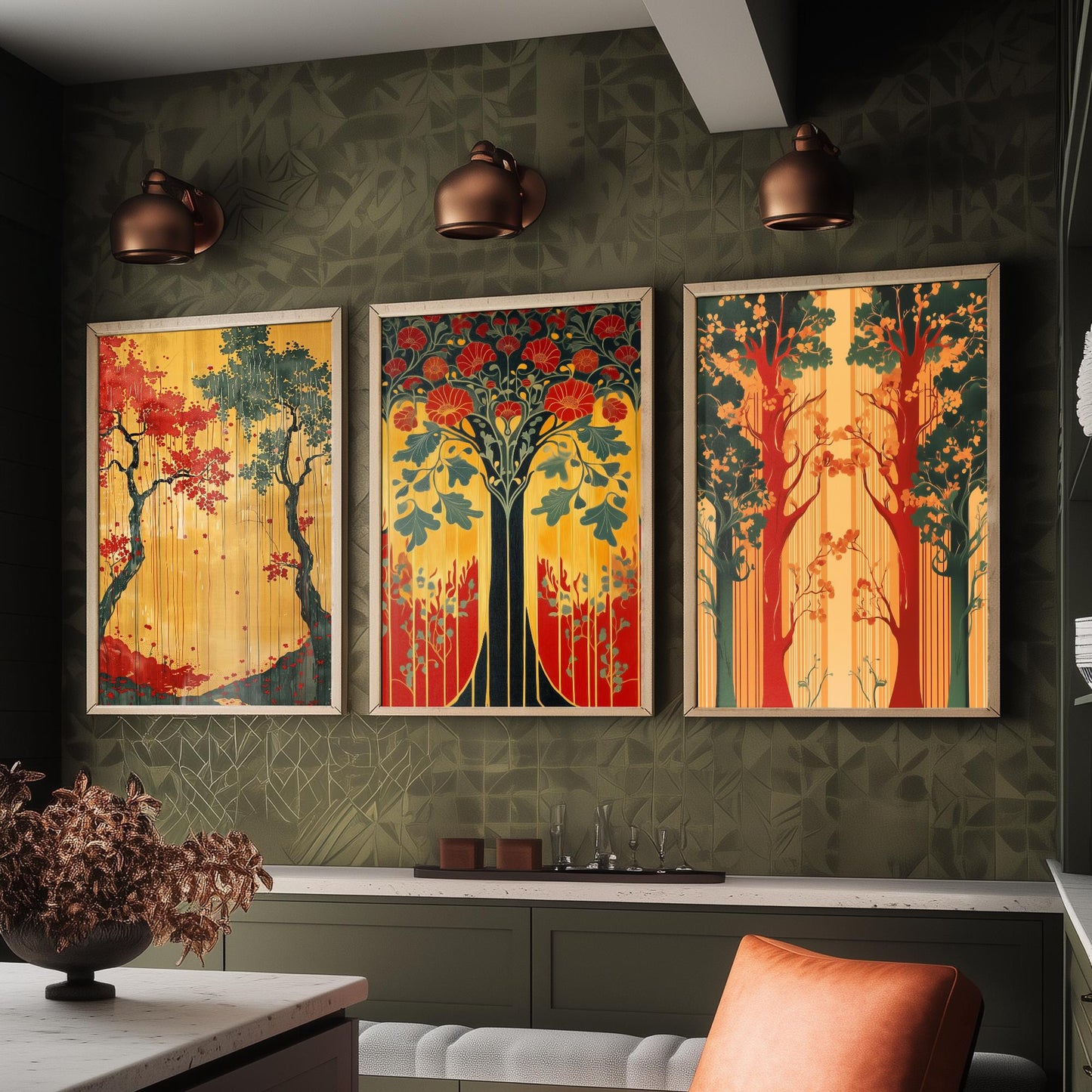 Scottish Book of the Woodlands Art Prints - Set of Three Green and Gold Forest Posters - Tree Poppy Blossom Illustration V4