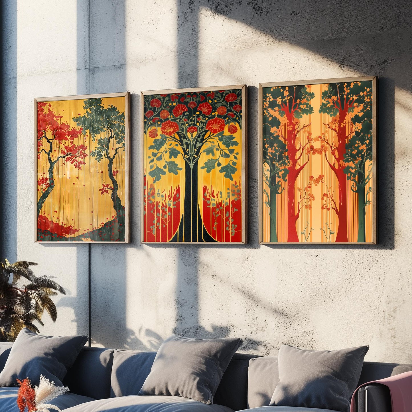Scottish Book of the Woodlands Art Prints - Set of Three Green and Gold Forest Posters - Tree Poppy Blossom Illustration V4