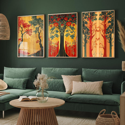Scottish Book of the Woodlands Art Prints - Set of Three Green and Gold Forest Posters - Tree Poppy Blossom Illustration V4