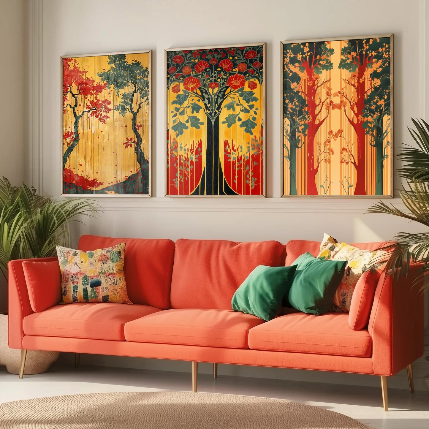 Scottish Book of the Woodlands Art Prints - Set of Three Green and Gold Forest Posters - Tree Poppy Blossom Illustration V4