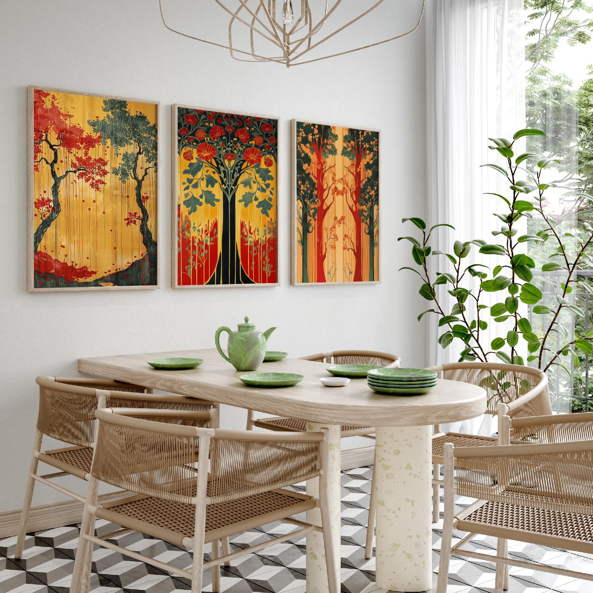 Scottish Book of the Woodlands Art Prints - Set of Three Green and Gold Forest Posters - Tree Poppy Blossom Illustration V4