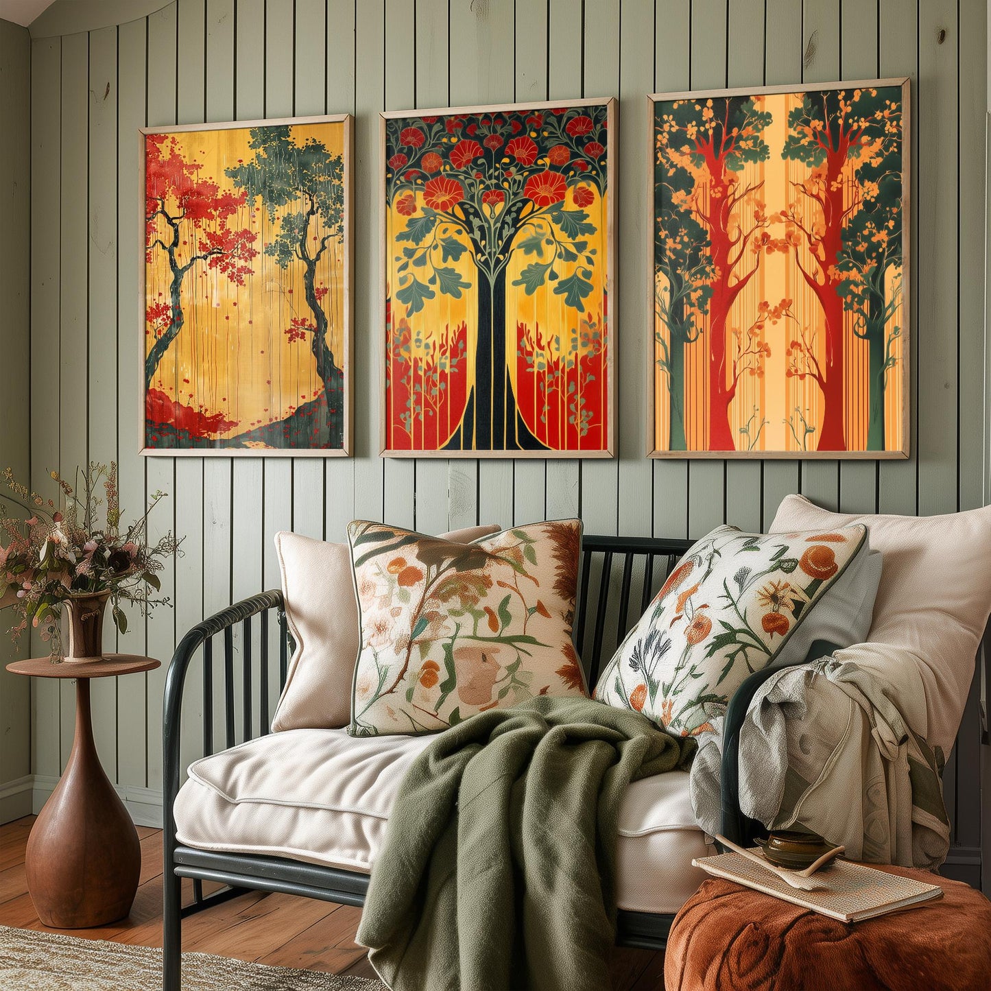 Scottish Book of the Woodlands Art Prints - Set of Three Green and Gold Forest Posters - Tree Poppy Blossom Illustration V4