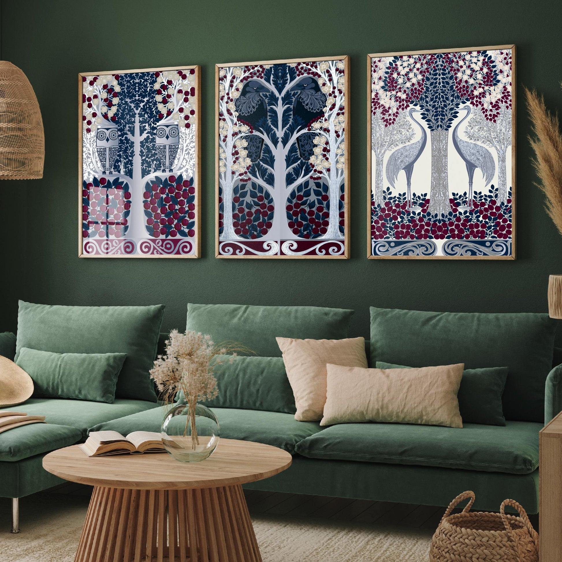 Scottish Book of the Woodlands Art Prints - Set of Three Navy & Burgundy Forest Posters - Owl and Crane Paintings V10