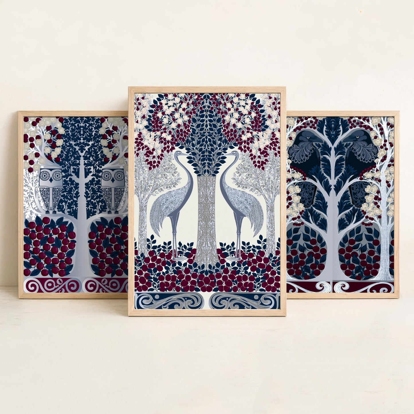 Scottish Book of the Woodlands Art Prints - Set of Three Navy & Burgundy Forest Posters - Owl and Crane Paintings V10