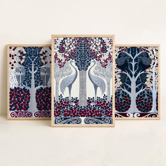 Scottish Book of the Woodlands Art Prints - Set of Three Navy & Burgundy Forest Posters - Owl and Crane Paintings V10