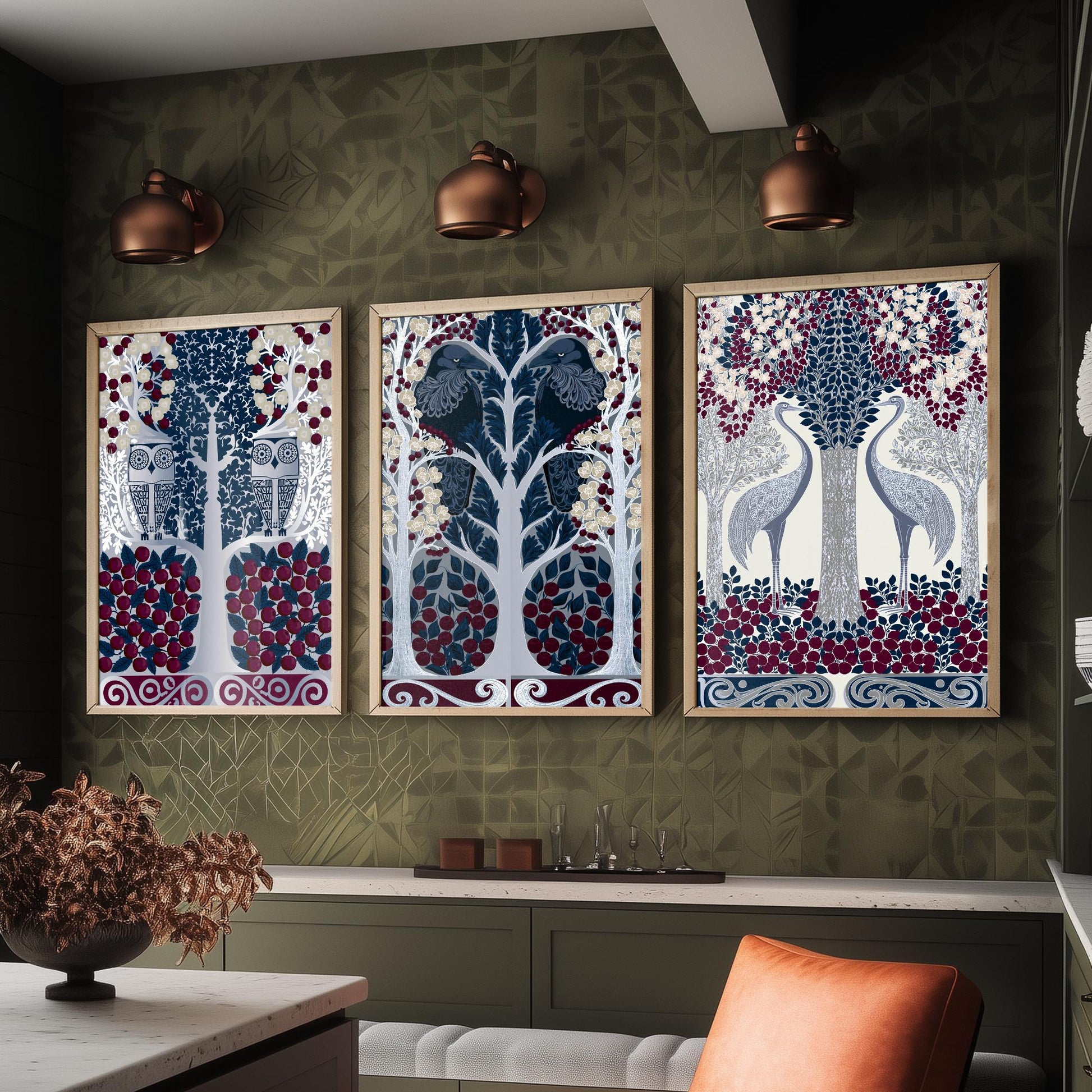 Scottish Book of the Woodlands Art Prints - Set of Three Navy & Burgundy Forest Posters - Owl and Crane Paintings V10