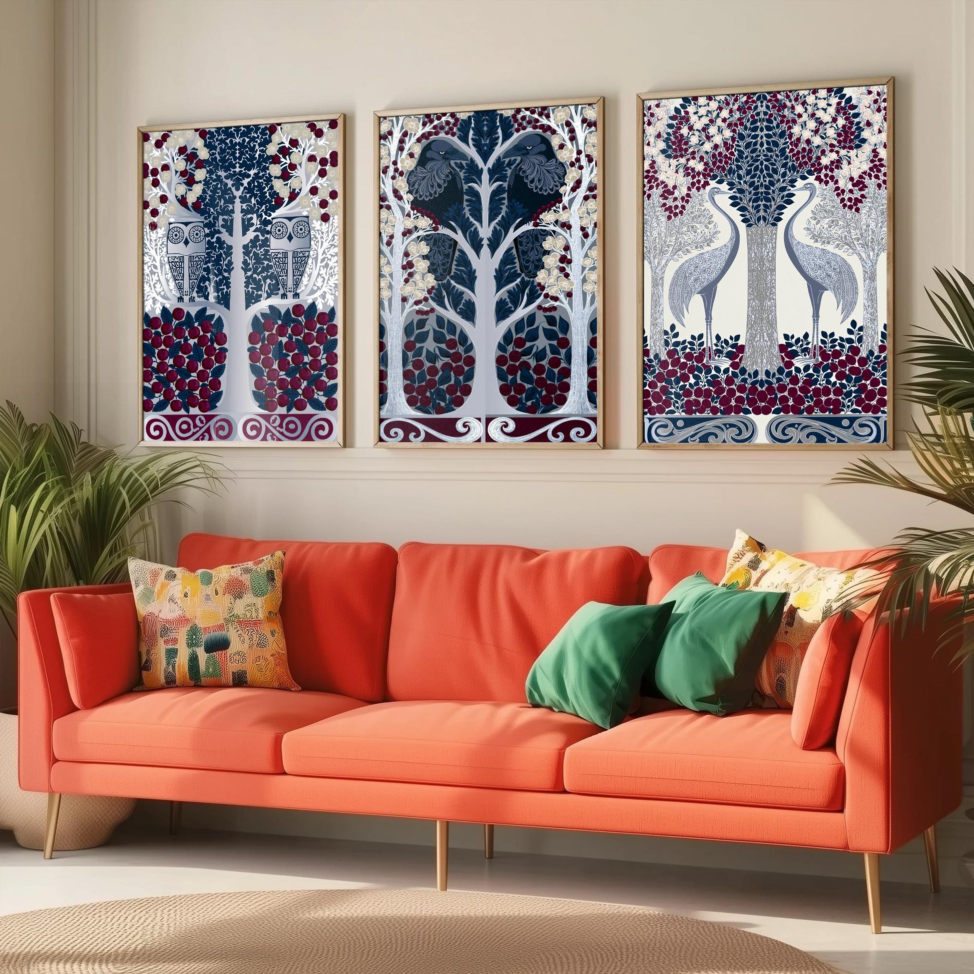 Scottish Book of the Woodlands Art Prints - Set of Three Navy & Burgundy Forest Posters - Owl and Crane Paintings V10