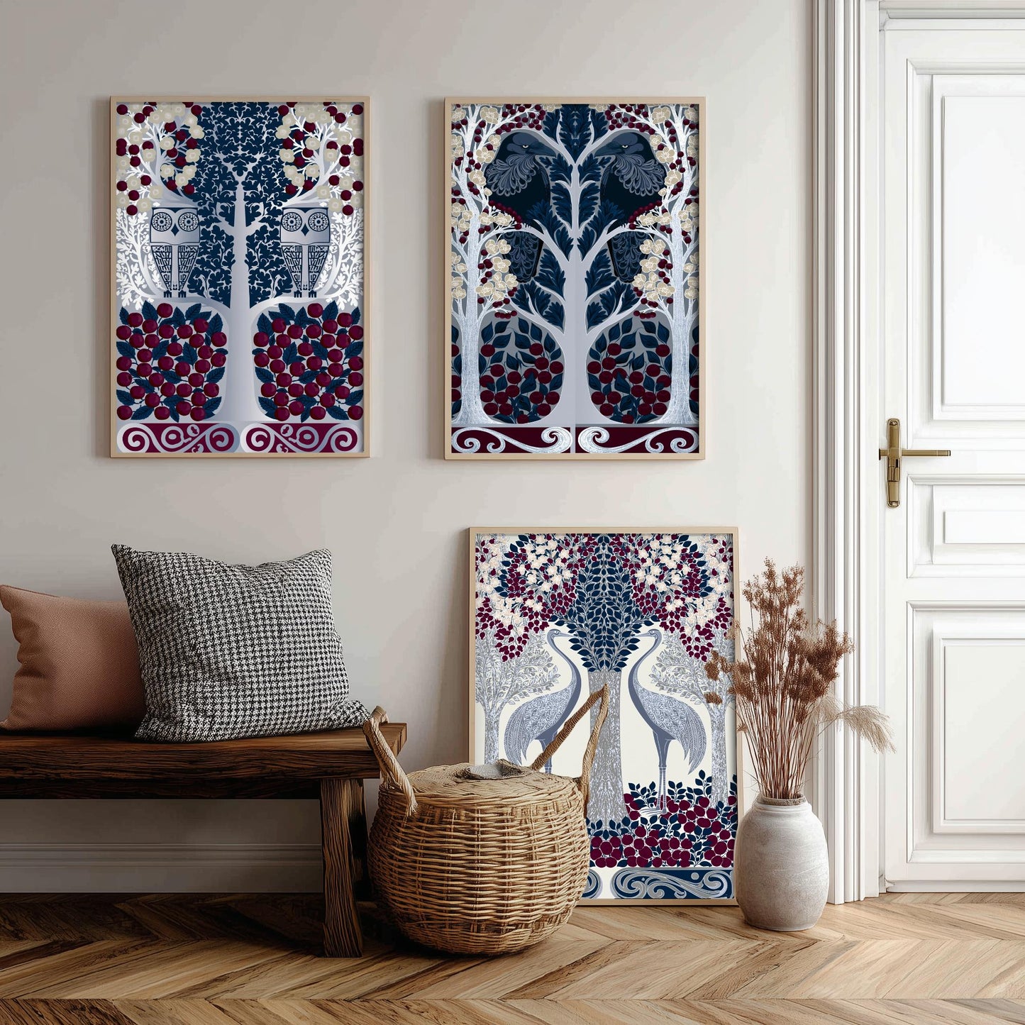 Scottish Book of the Woodlands Art Prints - Set of Three Navy & Burgundy Forest Posters - Owl and Crane Paintings V10