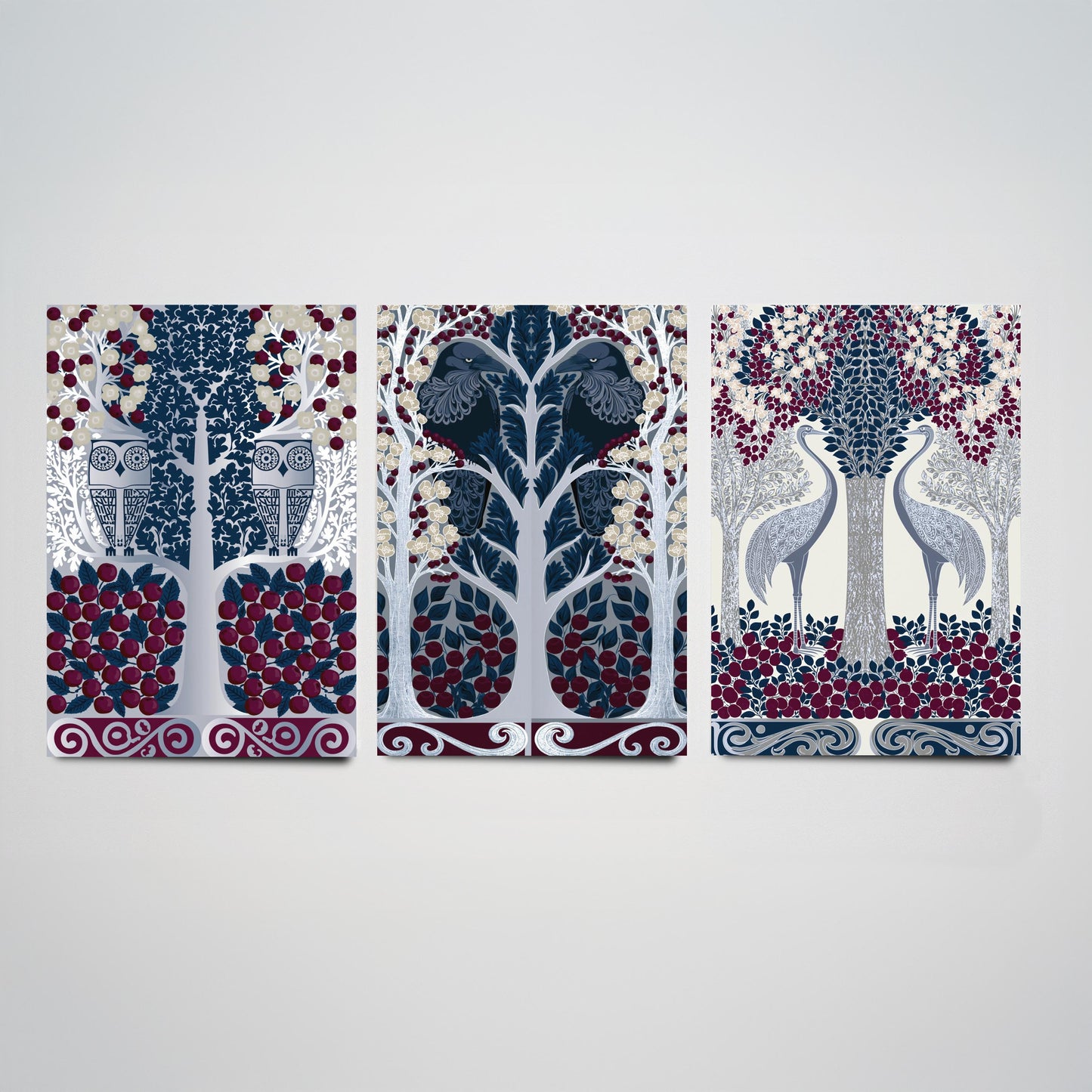 Scottish Book of the Woodlands Art Prints - Set of Three Navy & Burgundy Forest Posters - Owl and Crane Paintings V10