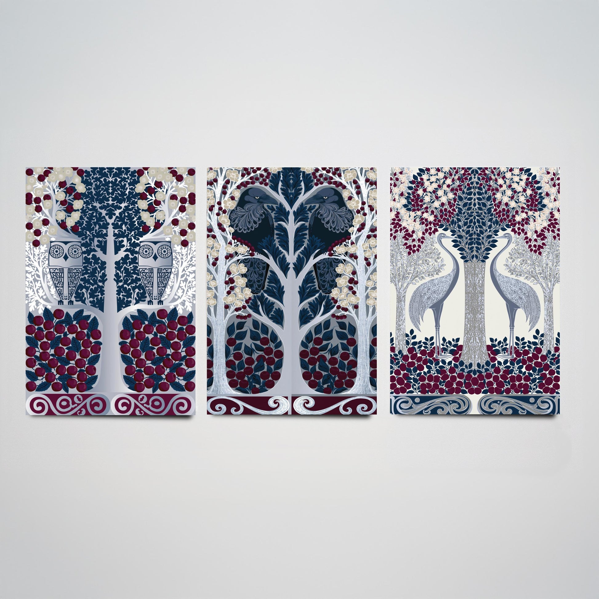 Scottish Book of the Woodlands Art Prints - Set of Three Navy & Burgundy Forest Posters - Owl and Crane Paintings V10