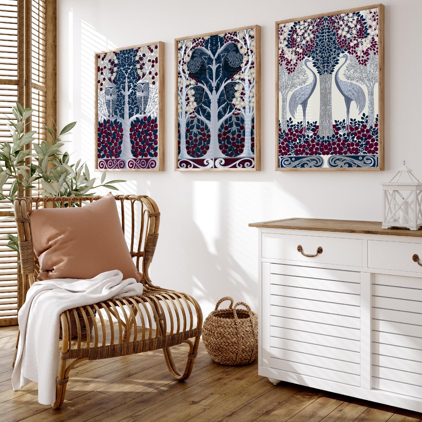 Scottish Book of the Woodlands Art Prints - Set of Three Navy & Burgundy Forest Posters - Owl and Crane Paintings V10