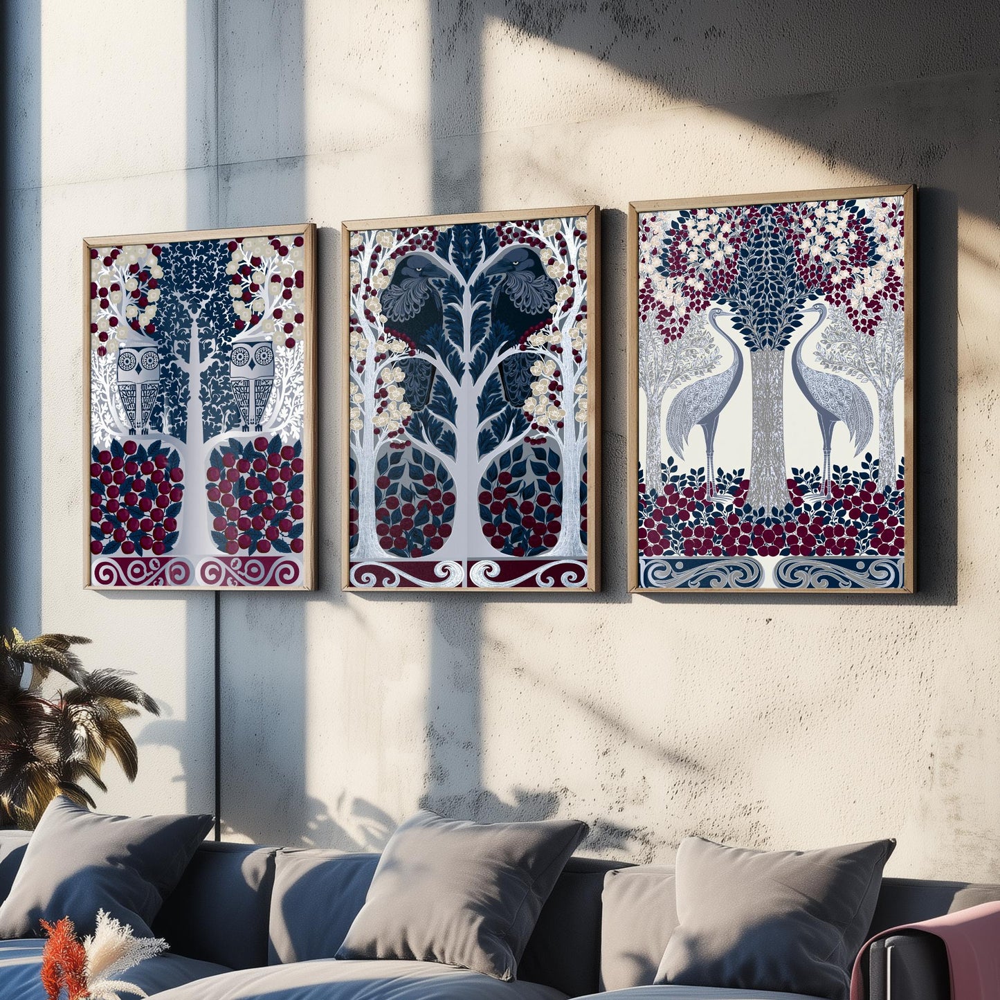 Scottish Book of the Woodlands Art Prints - Set of Three Navy & Burgundy Forest Posters - Owl and Crane Paintings V10