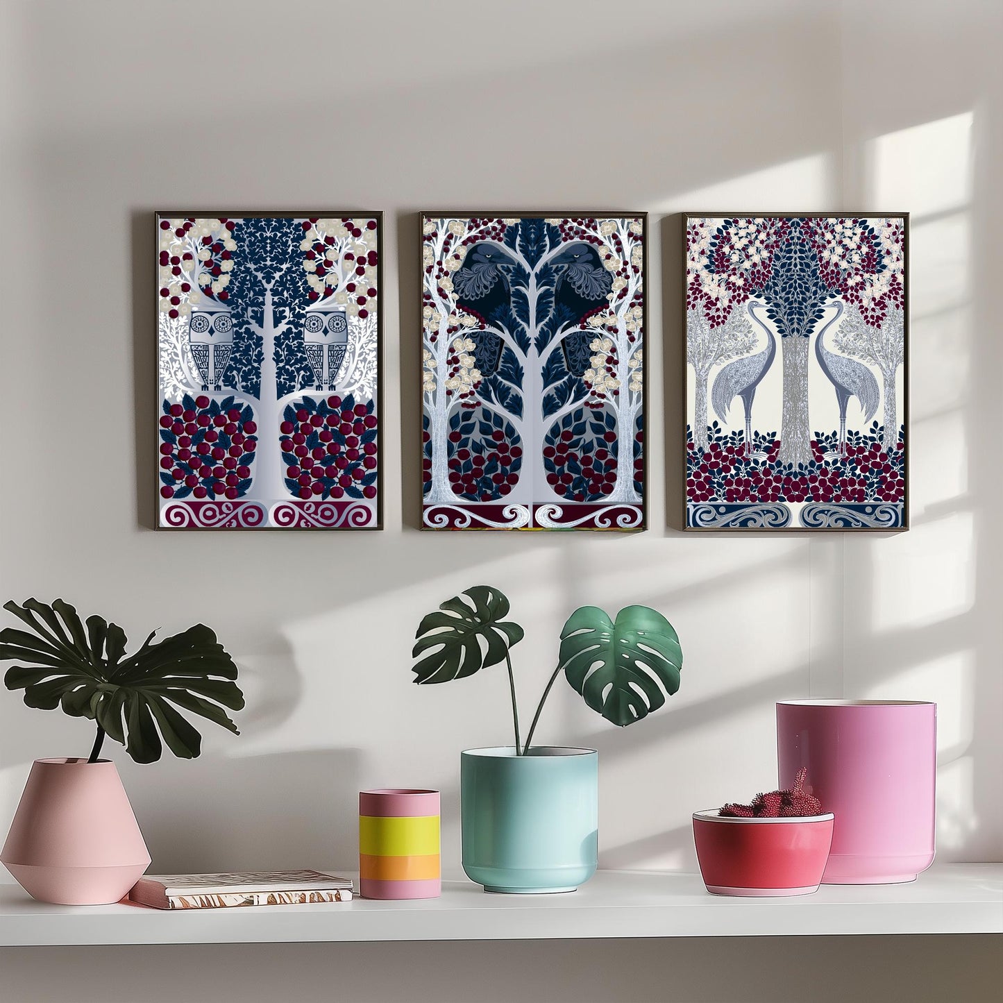 Scottish Book of the Woodlands Art Prints - Set of Three Navy & Burgundy Forest Posters - Owl and Crane Paintings V10