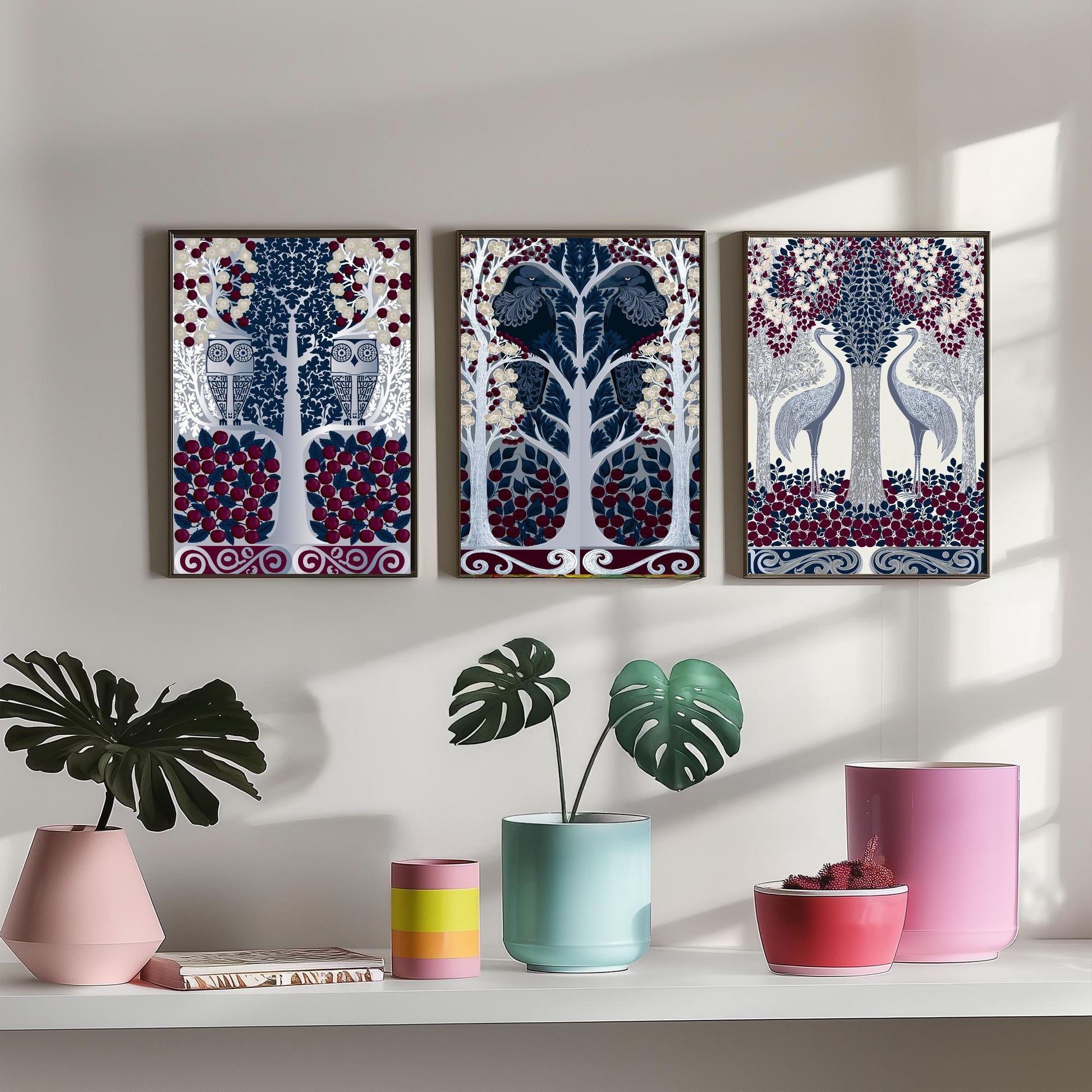 Scottish Book of the Woodlands Art Prints - Set of Three Navy & Burgundy Forest Posters - Owl and Crane Paintings V10