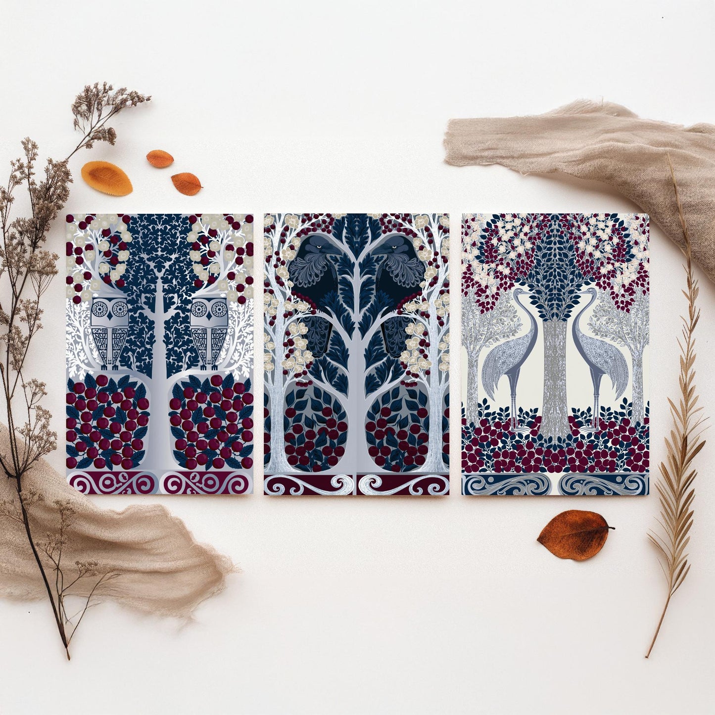 Scottish Book of the Woodlands Art Prints - Set of Three Navy & Burgundy Forest Posters - Owl and Crane Paintings V10