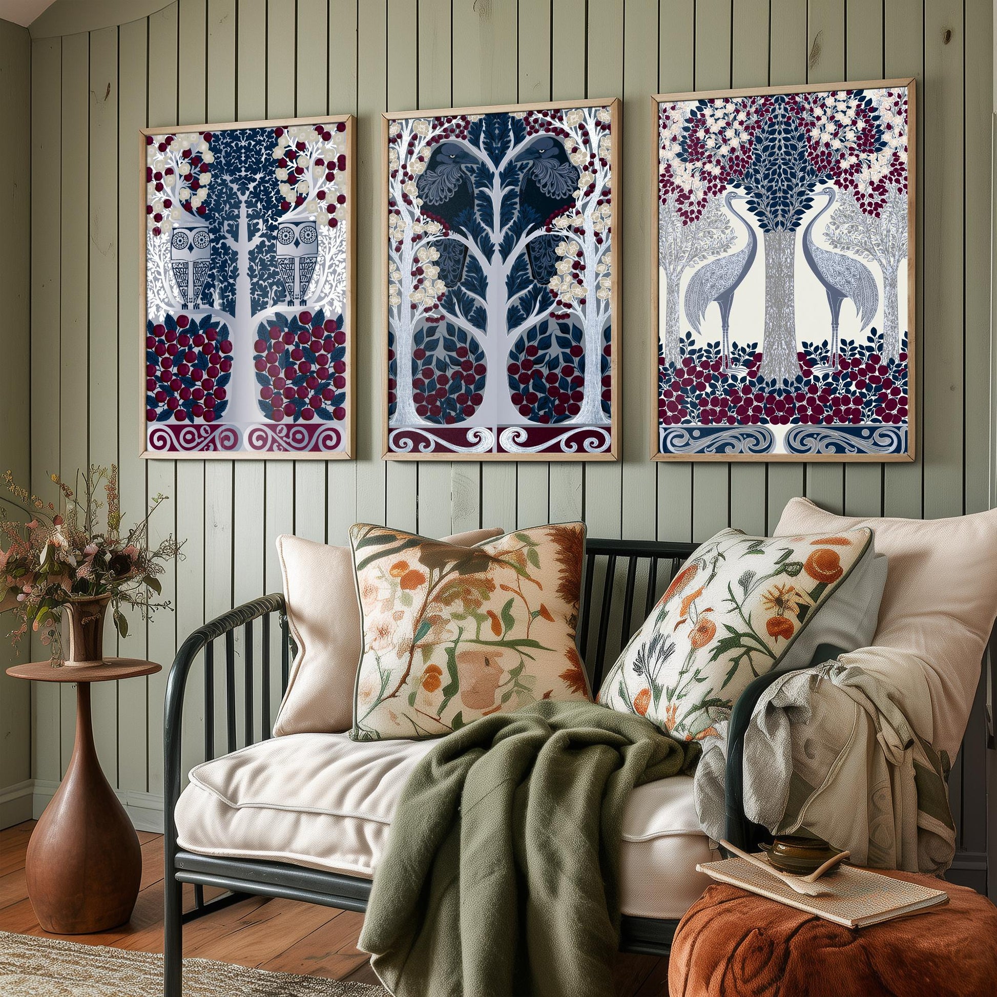 Scottish Book of the Woodlands Art Prints - Set of Three Navy & Burgundy Forest Posters - Owl and Crane Paintings V10