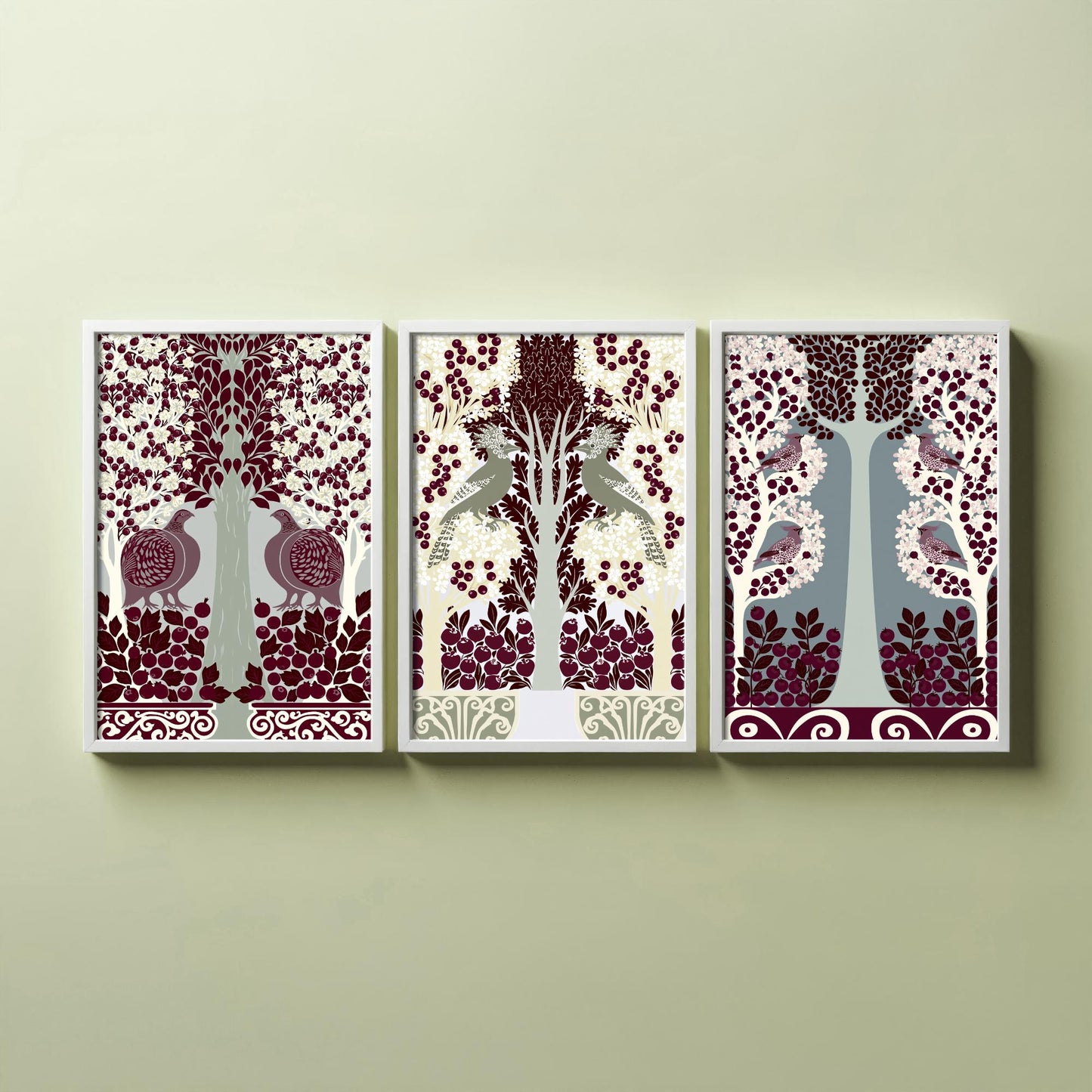 Scottish Book of the Woodlands Art Prints - Set of Three Burgundy & Sage Forest Posters - Partridge and Peacock Paintings V11
