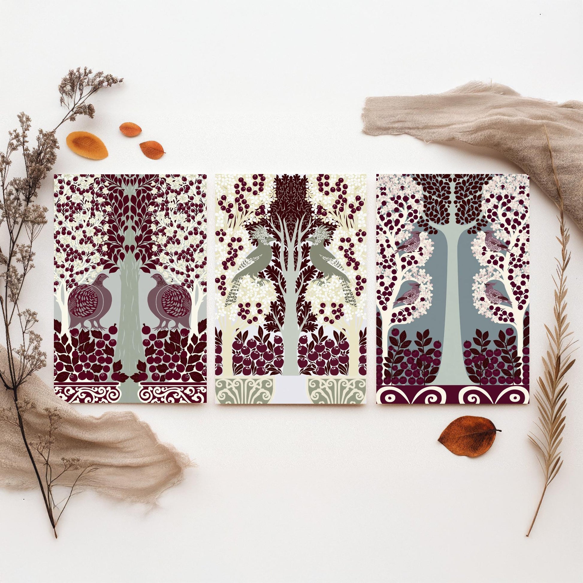 Scottish Book of the Woodlands Art Prints - Set of Three Burgundy & Sage Forest Posters - Partridge and Peacock Paintings V11
