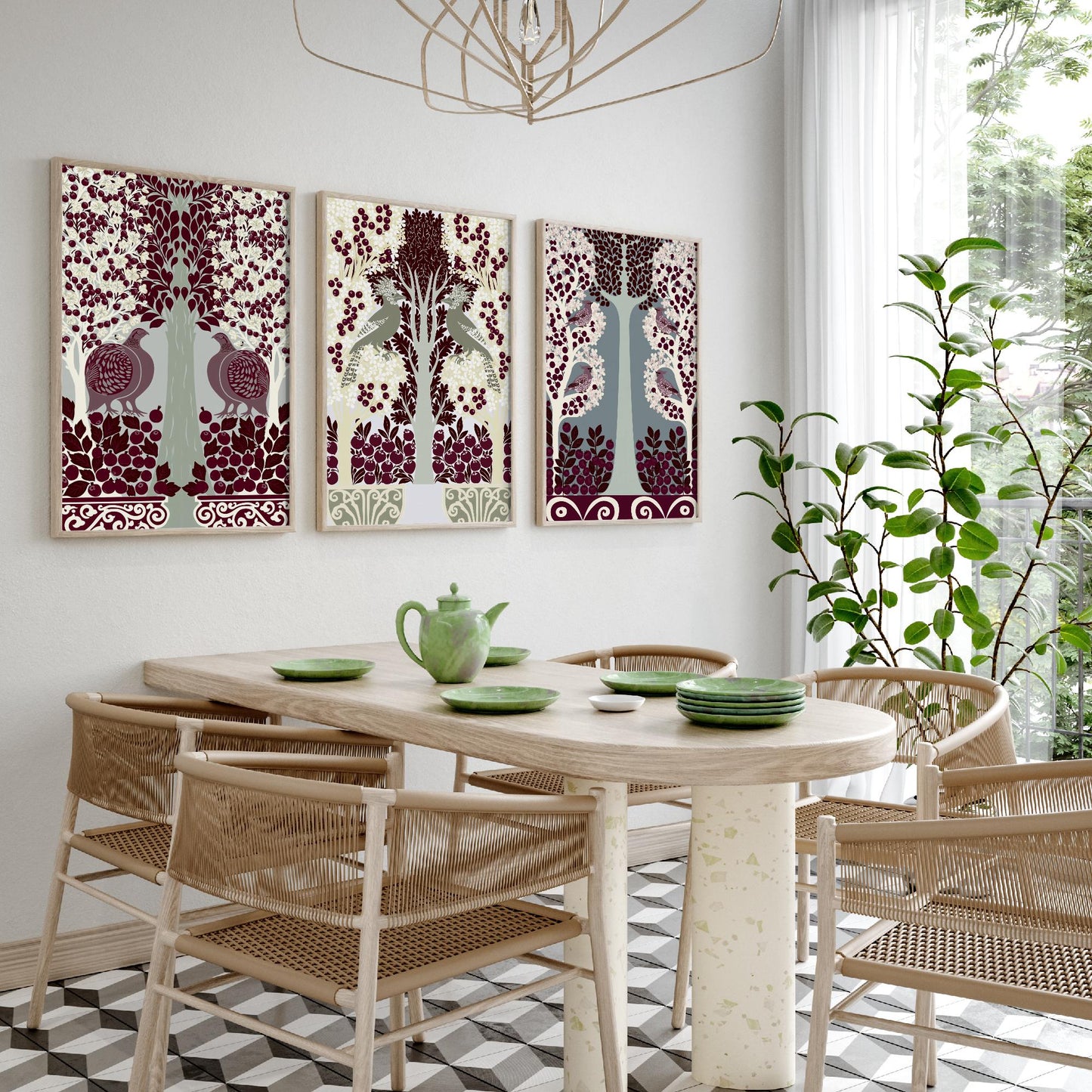 Scottish Book of the Woodlands Art Prints - Set of Three Burgundy & Sage Forest Posters - Partridge and Peacock Paintings V11