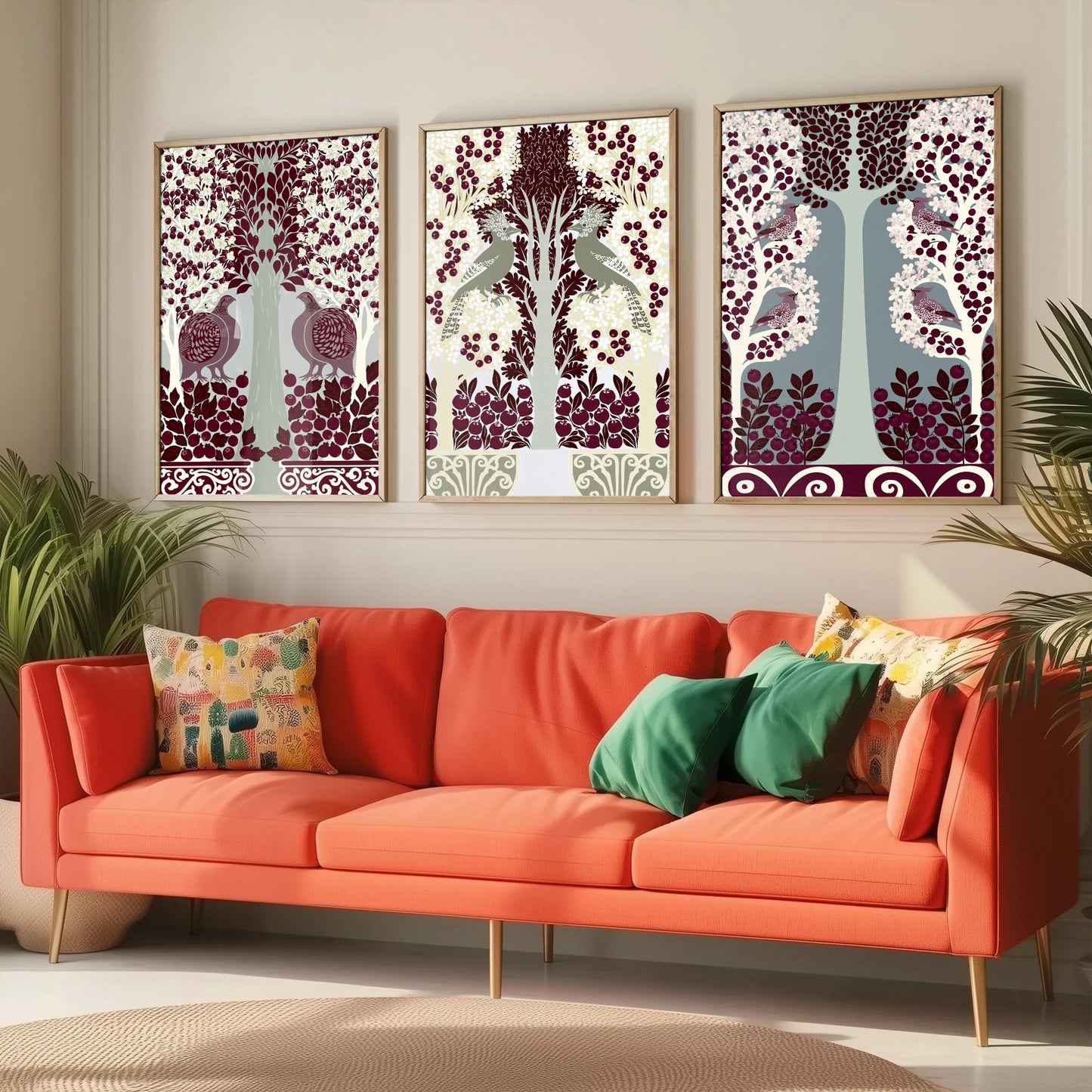Scottish Book of the Woodlands Art Prints - Set of Three Burgundy & Sage Forest Posters - Partridge and Peacock Paintings V11