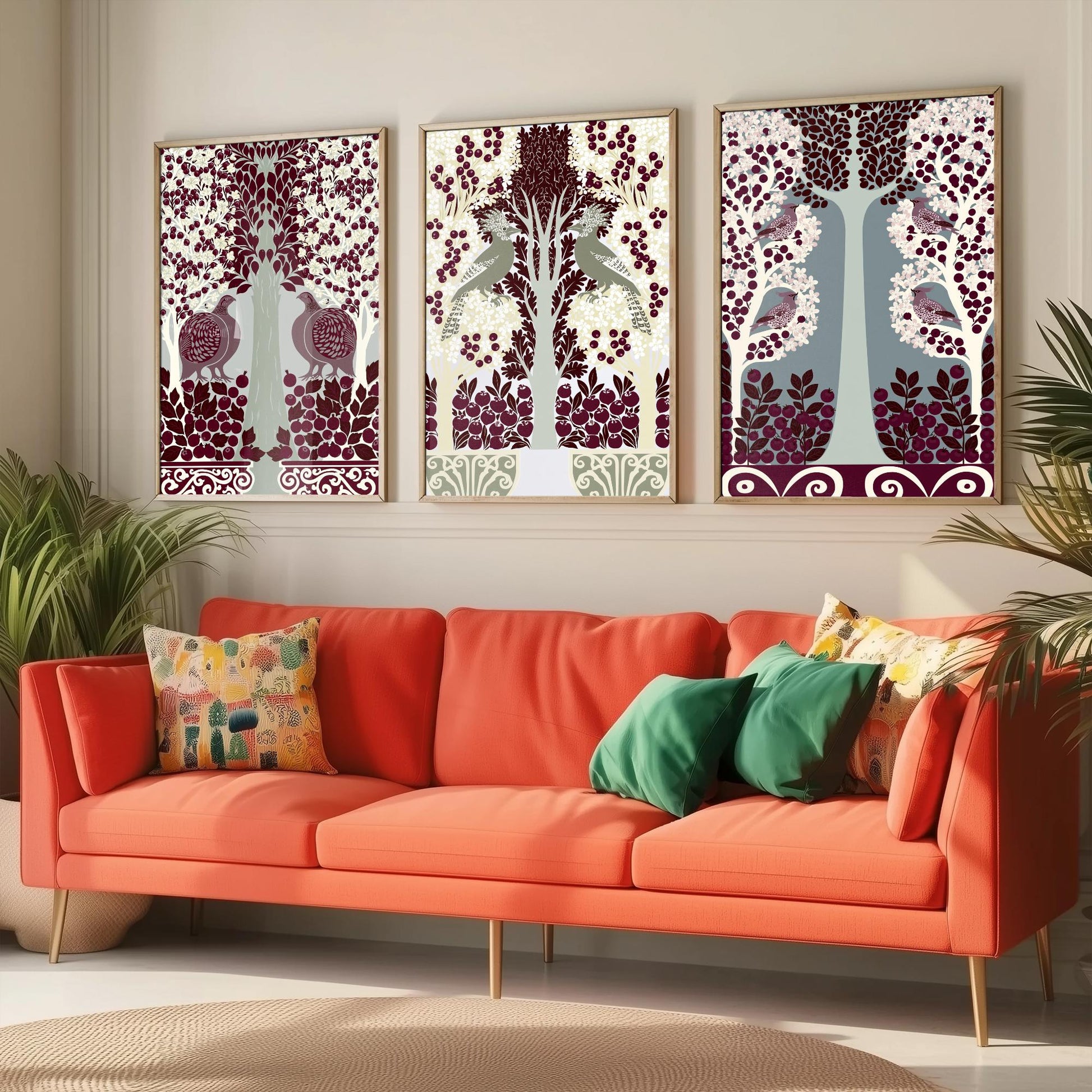 Scottish Book of the Woodlands Art Prints - Set of Three Burgundy & Sage Forest Posters - Partridge and Peacock Paintings V11