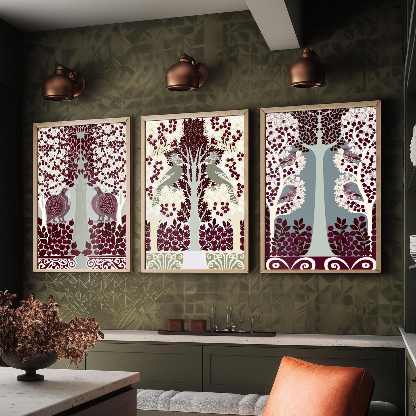 Scottish Book of the Woodlands Art Prints - Set of Three Burgundy & Sage Forest Posters - Partridge and Peacock Paintings V11